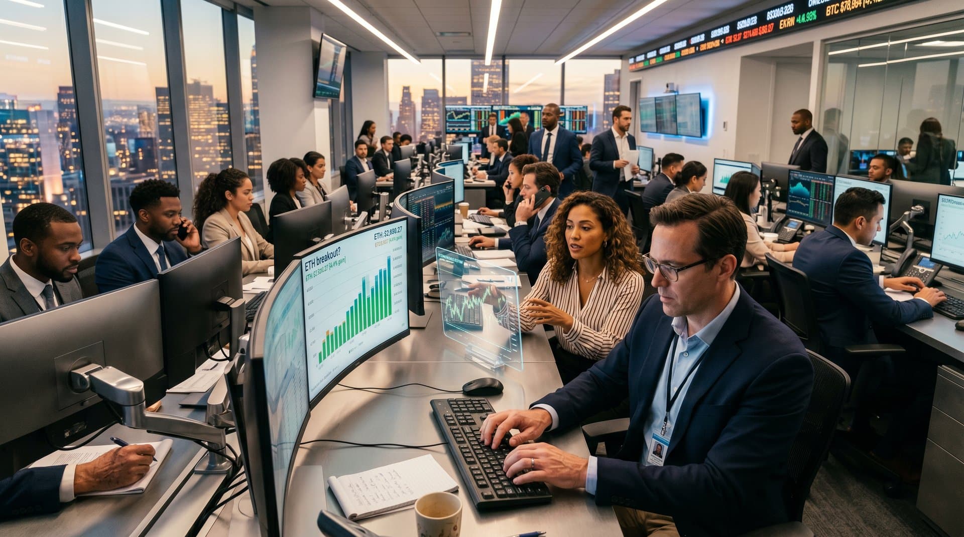 Trading floor analysts monitor Ethereum price at $2,400 on screens with green charts, Fear & Greed at 32, amid market discussion.