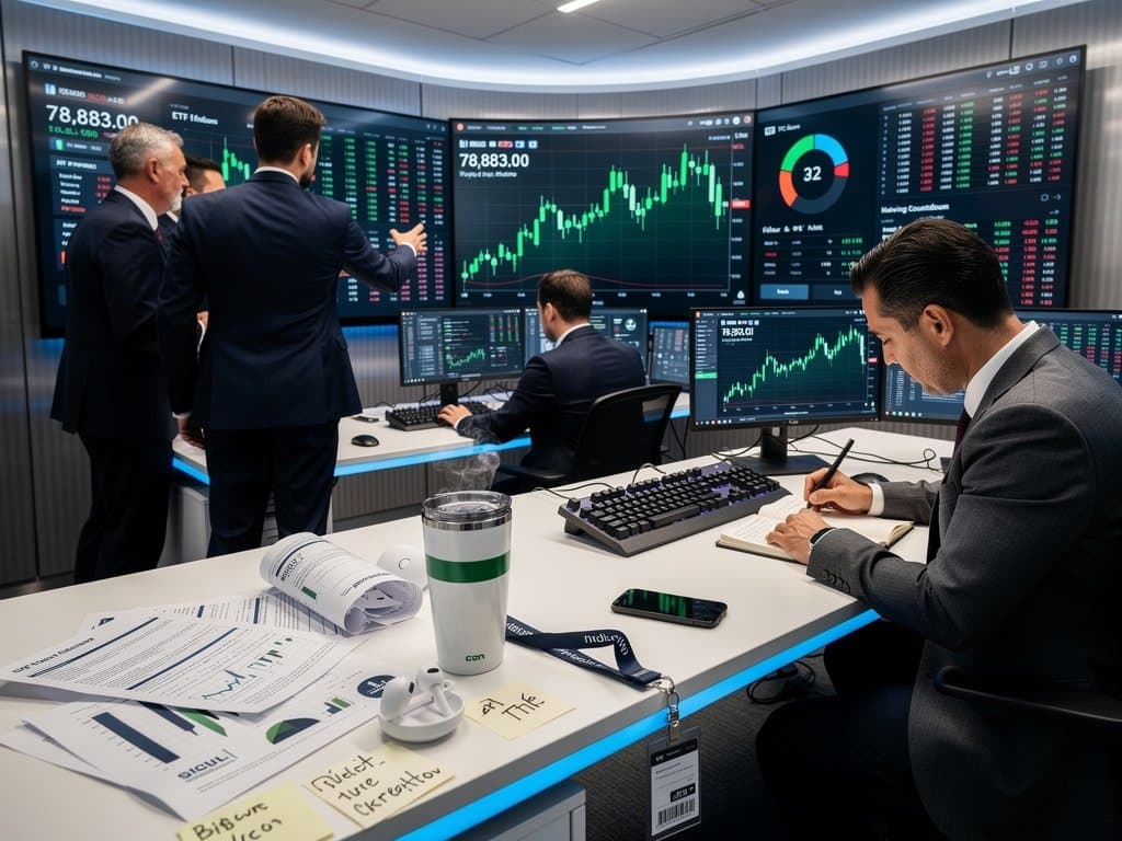Trading floor monitors show Bitcoin price at $78,883, Fear & Greed Index at 32, halving charts, and ETF data amid professional trader discussions