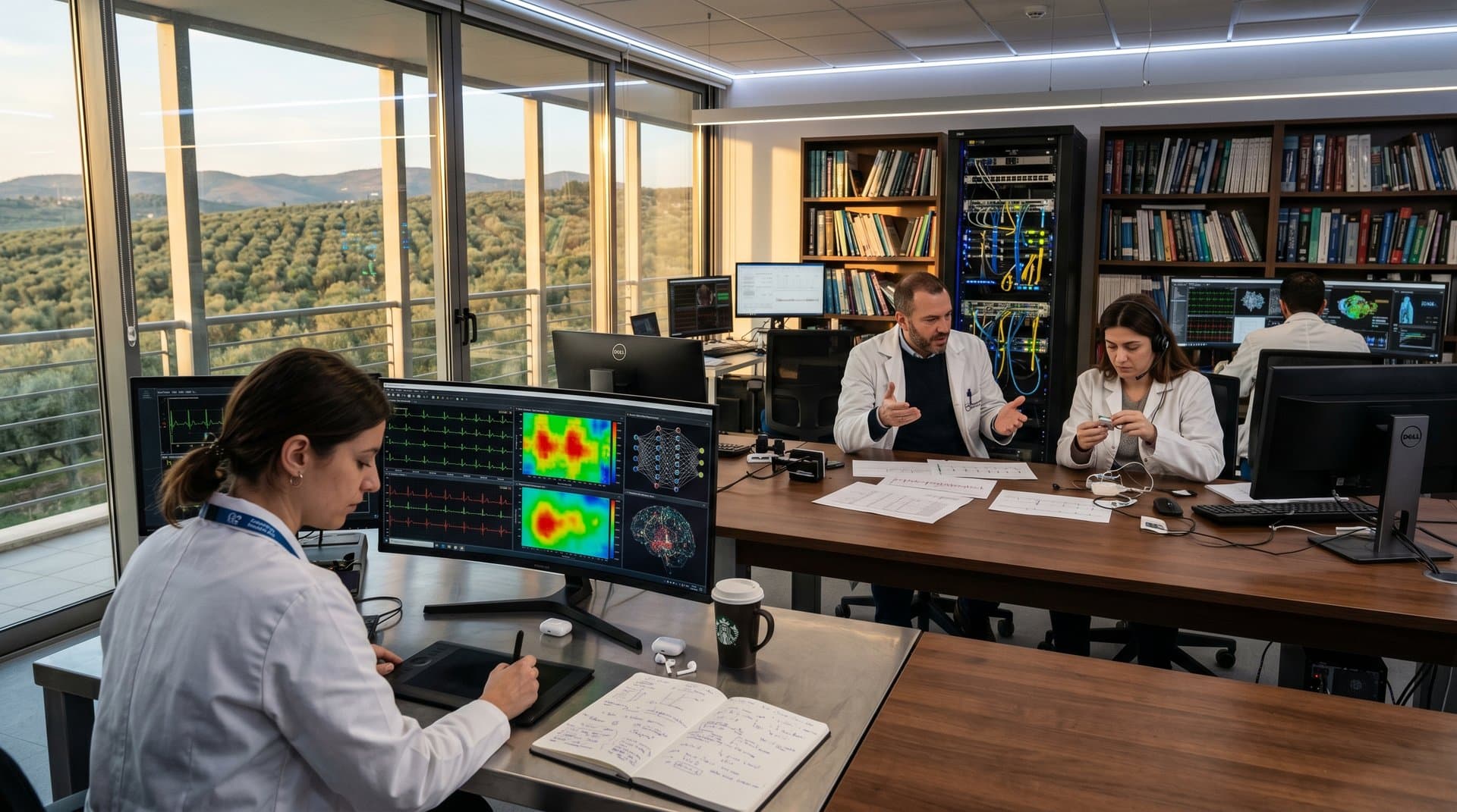 AI researchers analyze ECG data and heart prediction models in a modern Greek university lab