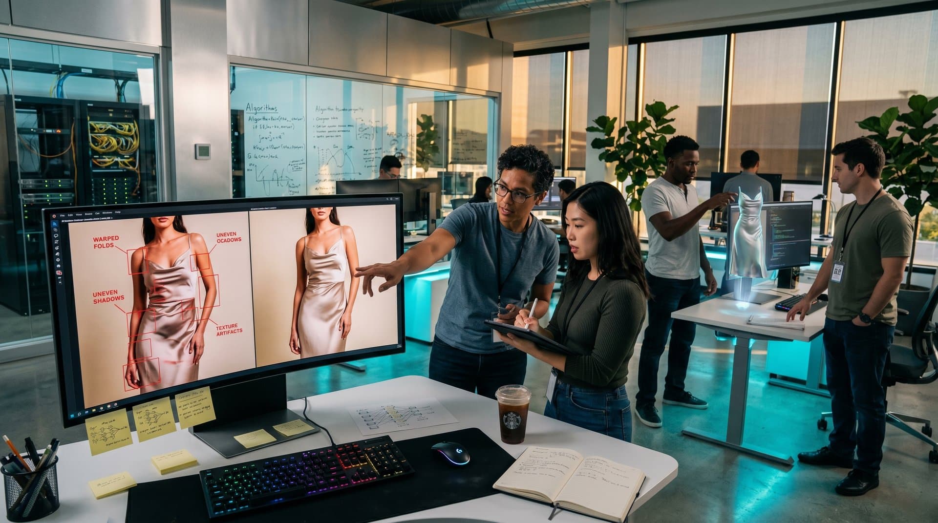 Split-screen AI vs real fashion photo analysis in tech lab with monitors, servers, and diagrams