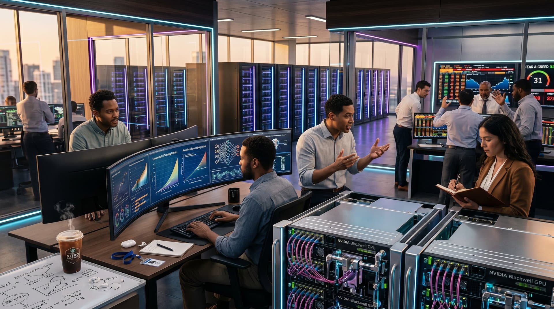 Monitors display viral AI compute chart and crypto data in high-tech lab with GPU servers