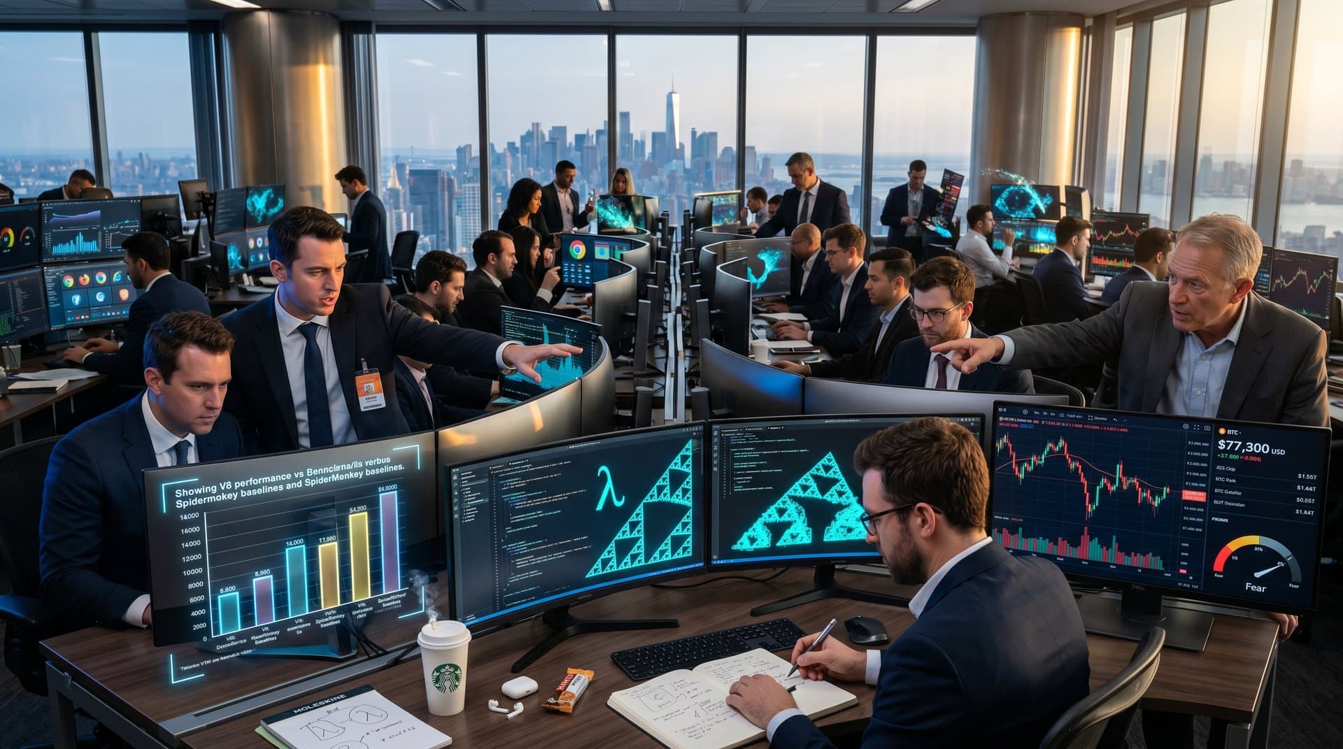 Abstract lambda calculus benchmark visualization with performance graphs and crypto charts