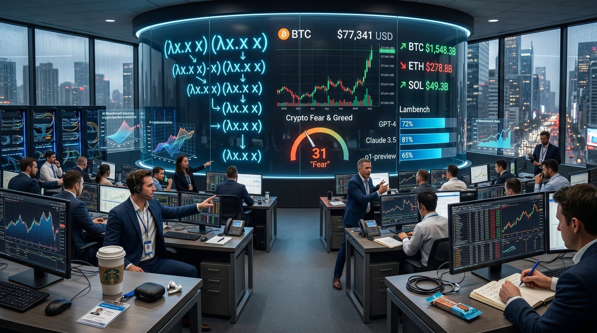 Digital screens display lambda calculus benchmark results alongside Bitcoin price at $77,341 and crypto market data in modern tech office