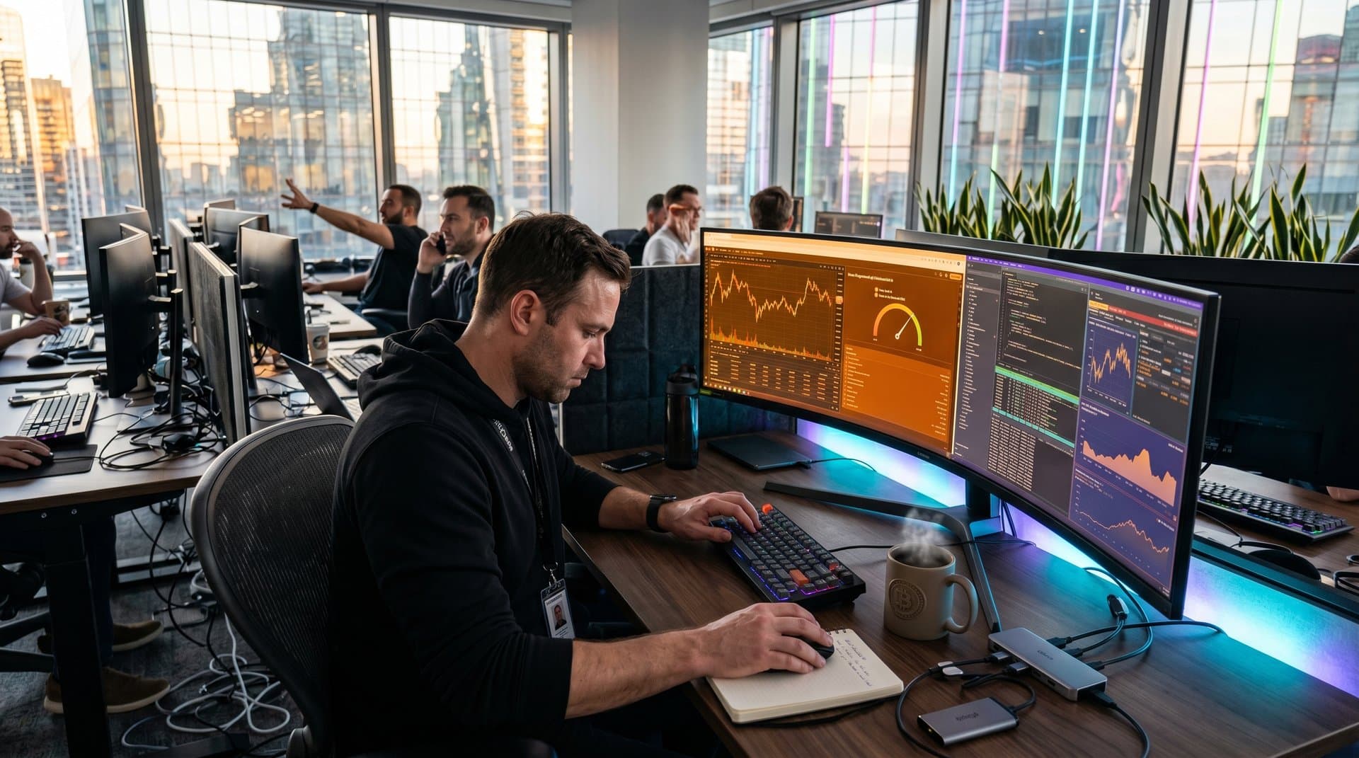 Multi-monitor trading setup with Niri 26.04 Wayland scrollable tiling displaying crypto charts and blockchain tools