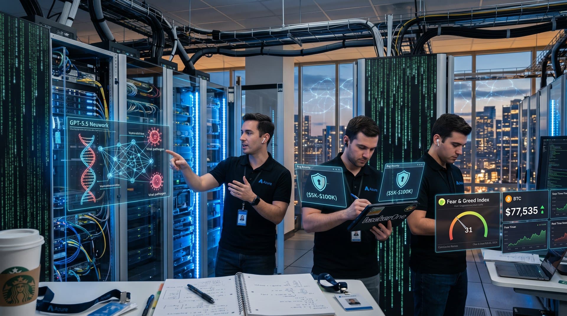 Holographic AI neural networks scanning DNA for biosafety bugs in glowing cloud data center with crypto charts