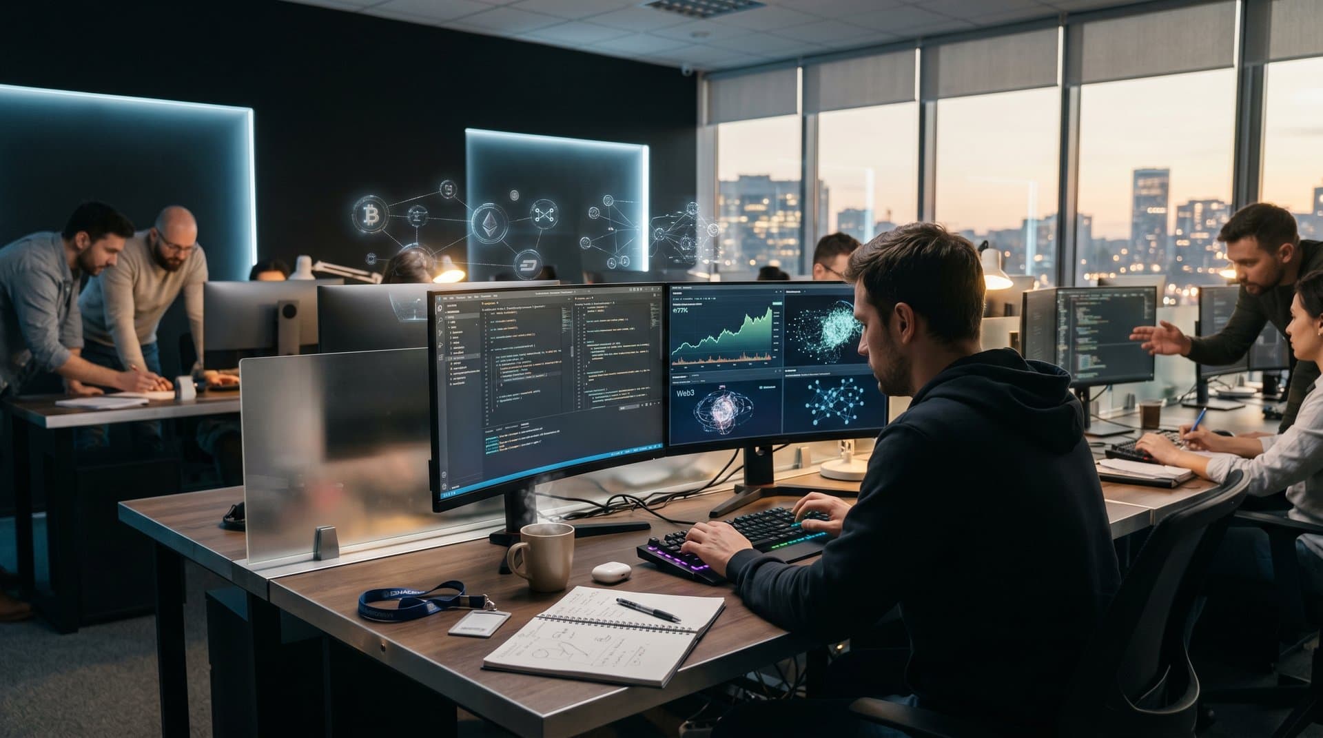 High-tech desk with monitors showing AI Copilot blockchain code, BTC charts, and Web3 visuals in modern office