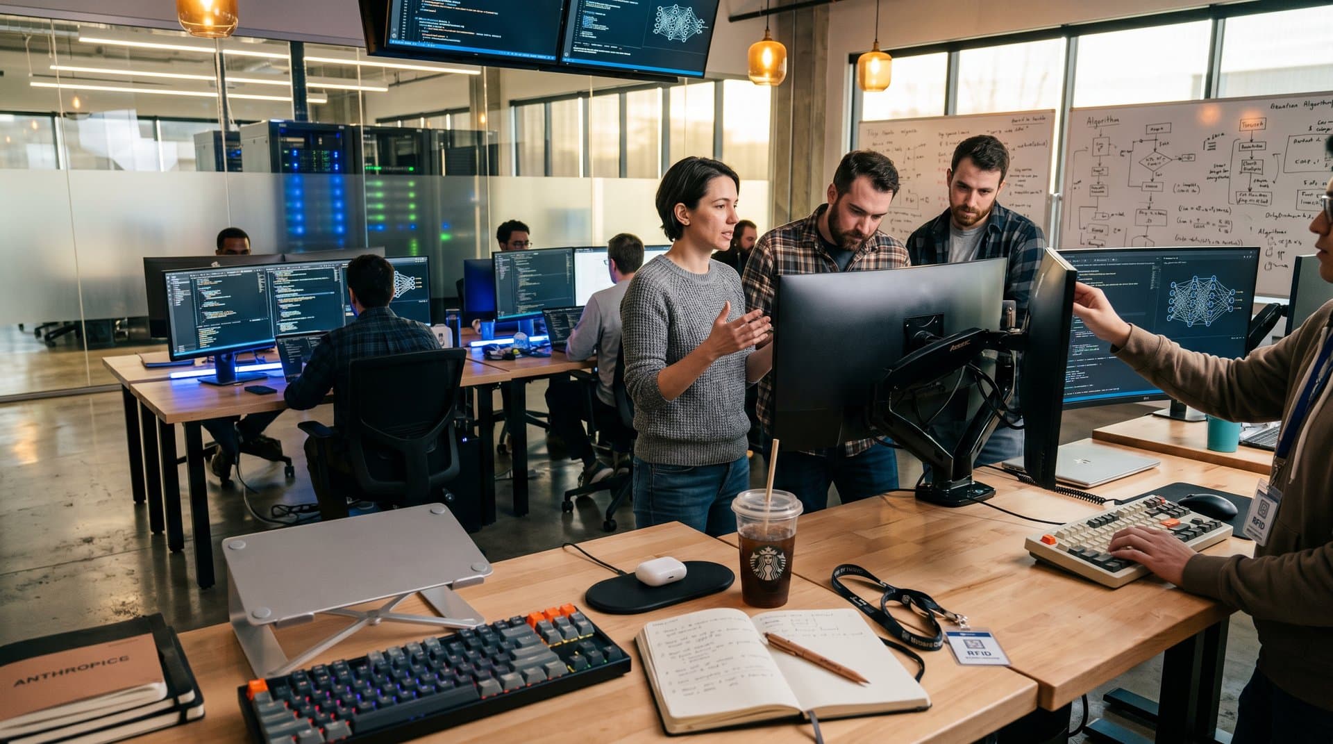 Modern tech lab with multi-monitor desks showing AI-generated code and neural visualizations for web-native workflows