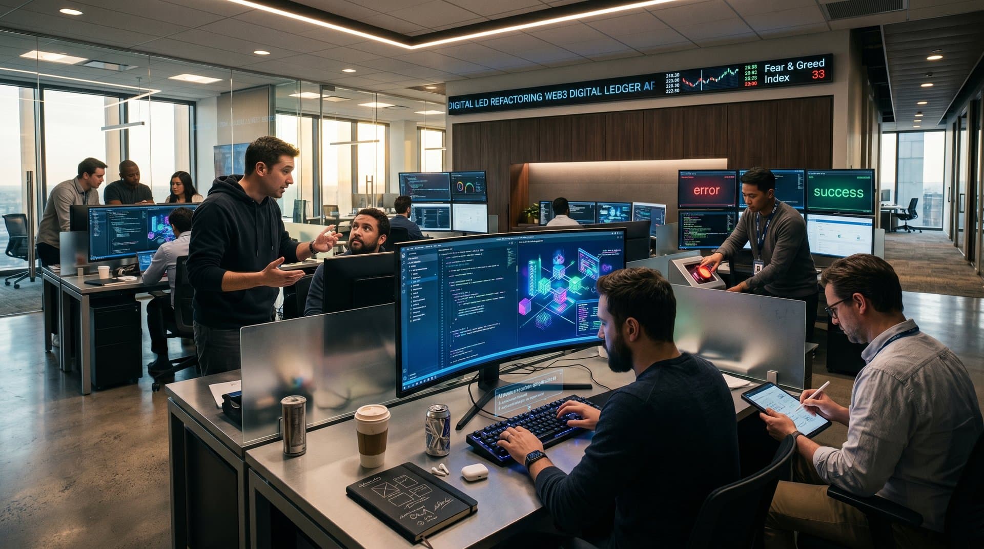 Browser window with AI code resurrectors reviving web projects, BTC charts, and cloud dev tools in abstract high-tech style