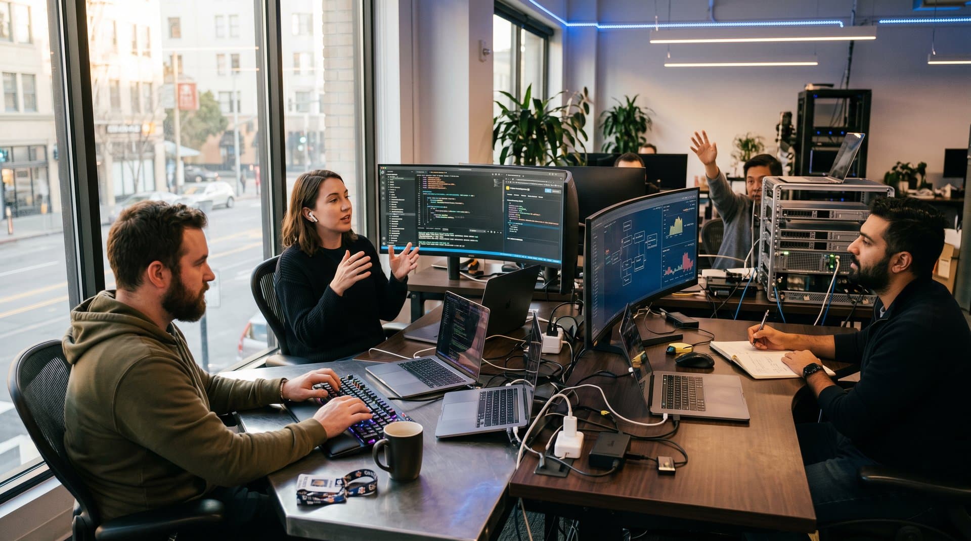 Modern tech workspace with monitors showing AI coding tools reviving zombie code projects amid crypto charts