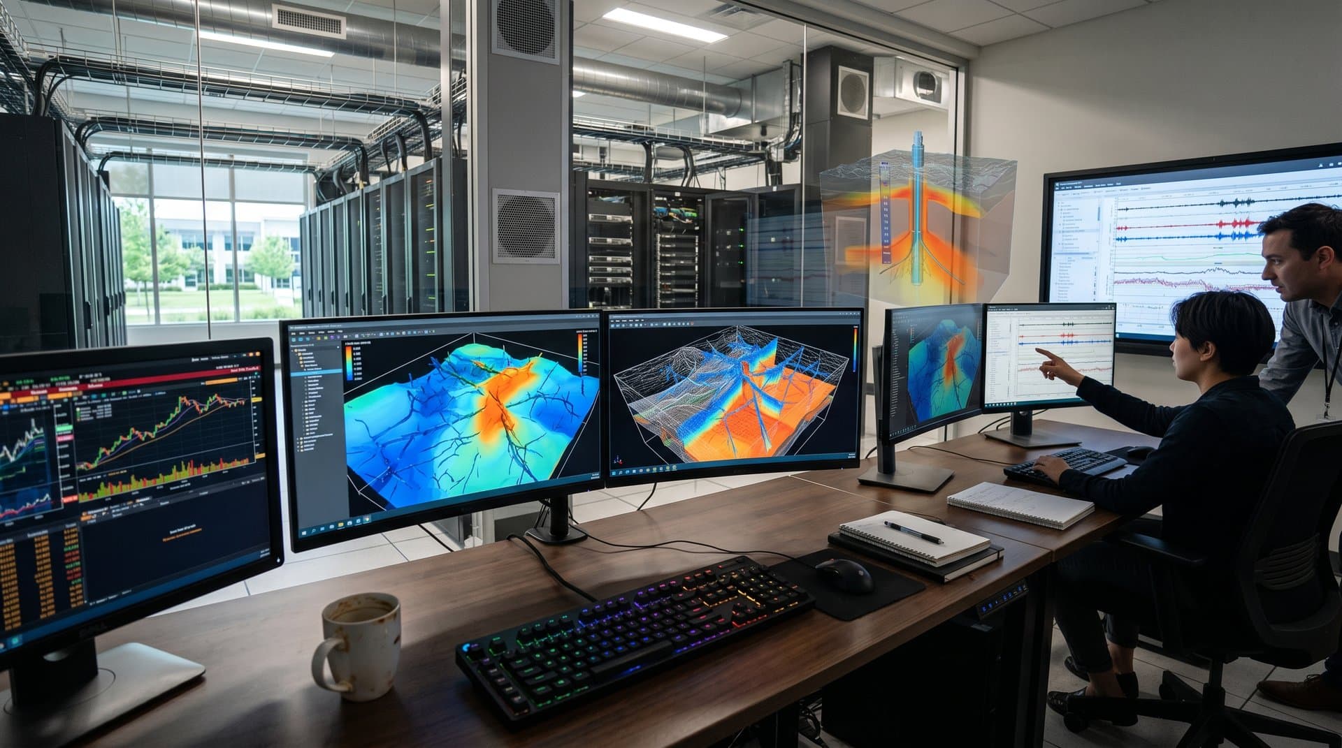 Engineers analyze geothermal reservoir simulations in high-tech data center control room with server racks