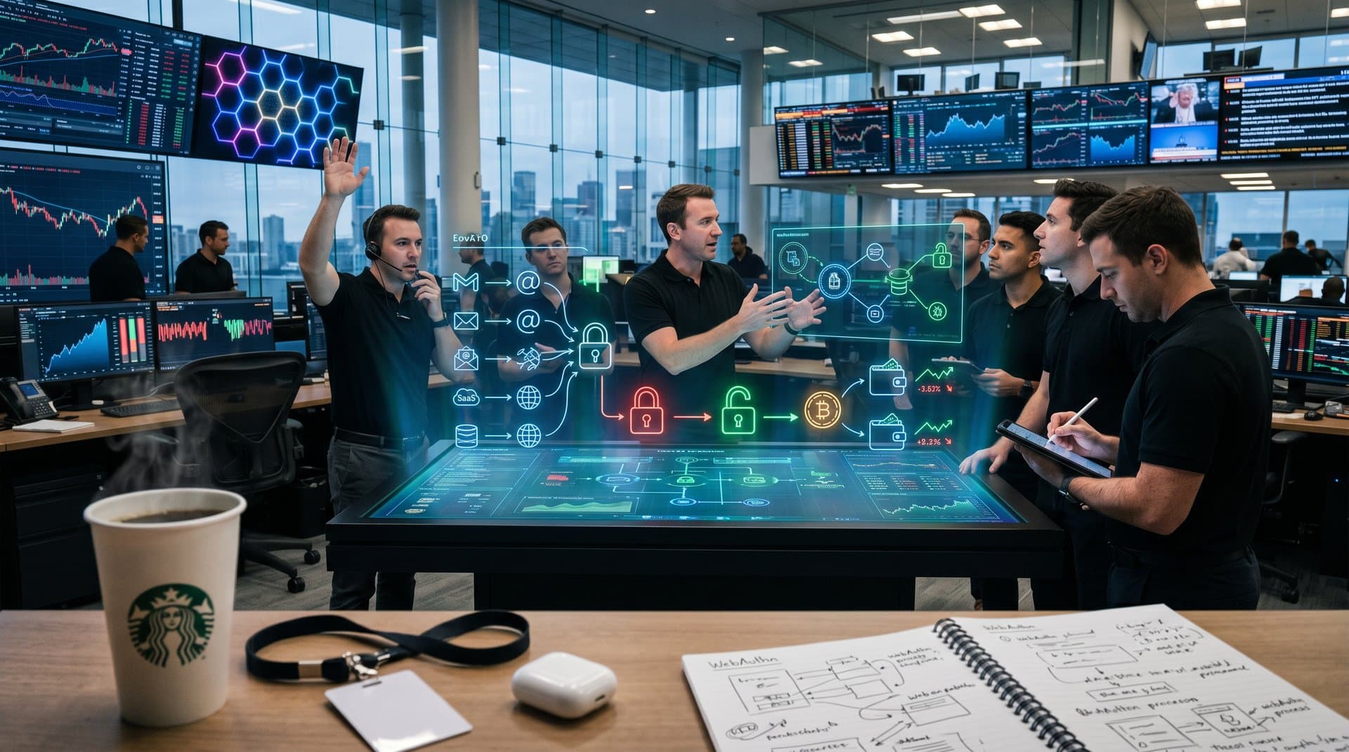 Cyberpunk dashboard showing BrowserID revival authentication flow, federated email icons, crypto market charts, cryptographic challenges, and neon security grids