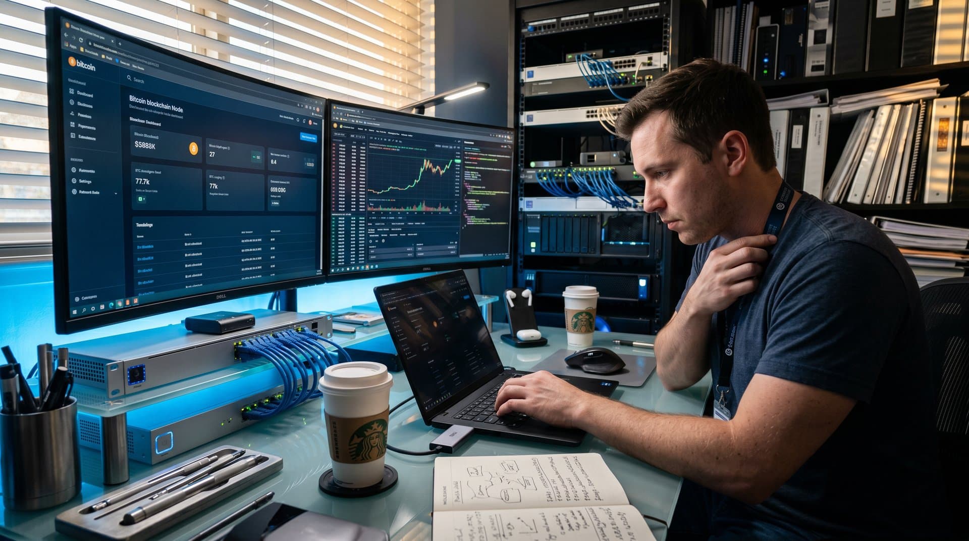 Compact 10 GbE USB adapter connected to laptop in home office with crypto charts and network gear