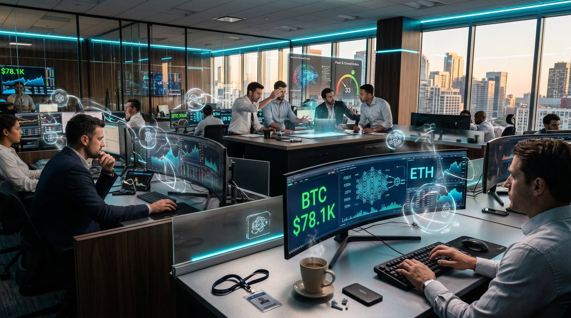 Holographic AI simulacra overlay crypto charts on monitors in high-tech finance office with market data and blockchain visuals