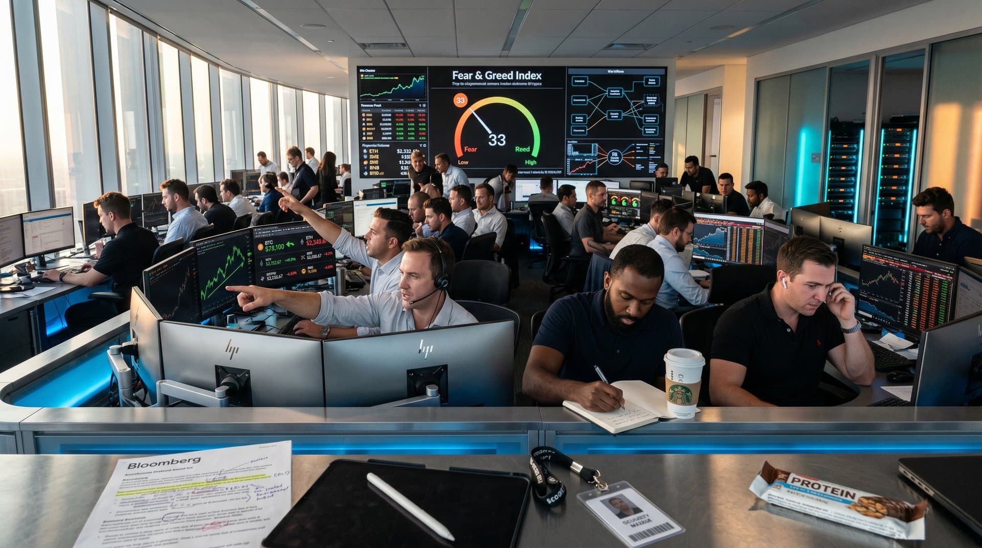 Holographic AI agents in futuristic cloud office displaying BTC at $78,100, Fear & Greed 33, and crypto charts amid neon data streams