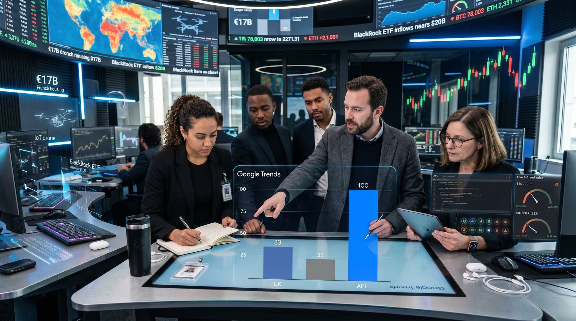 Google Trends dashboard shows France 3x UK APL searches with gadgets, programming code, and crypto charts in tech finance style