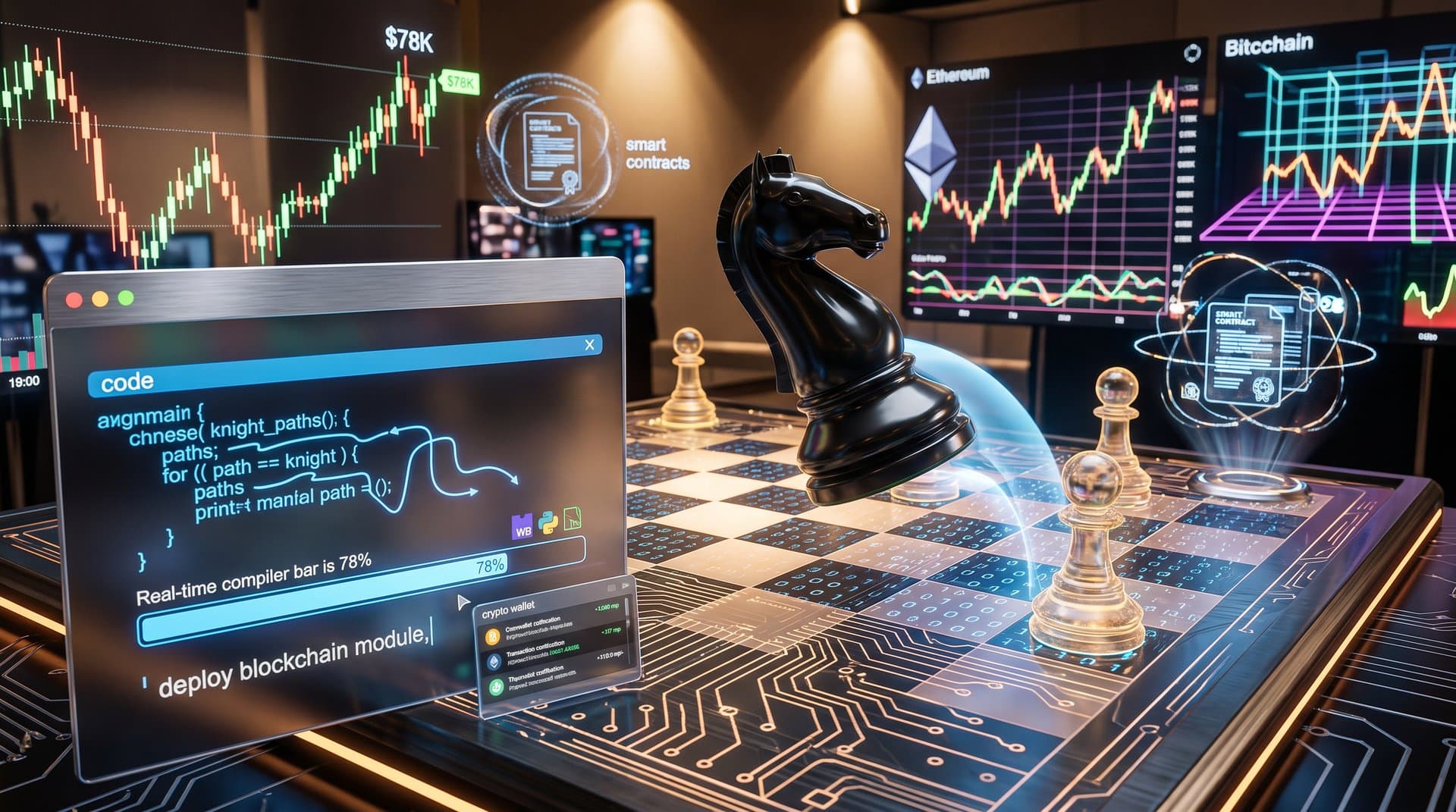 Abstract chess knight leaping over circuit board chessboard with browser code, WebAssembly, and rising BTC charts
