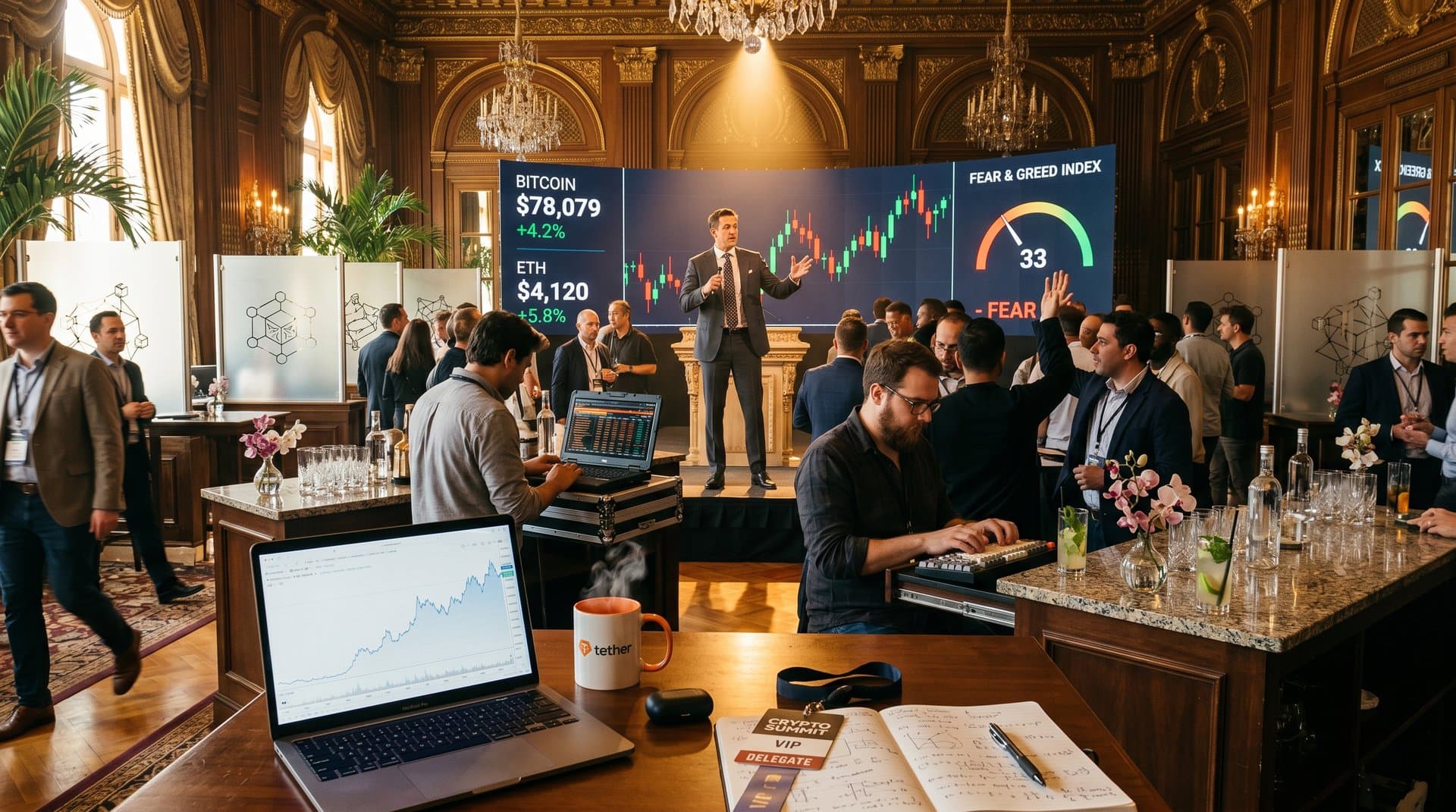 Luxury Mar-a-Lago ballroom hosting crypto summit with LED screens displaying BTC at $78K and ETH charts, networking attendees around tables and terminals