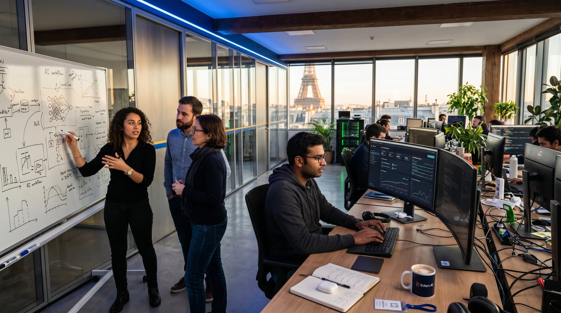 European tech office with screens showing Eden AI dashboard, API integrations, GDPR badges, and secure crypto data flows
