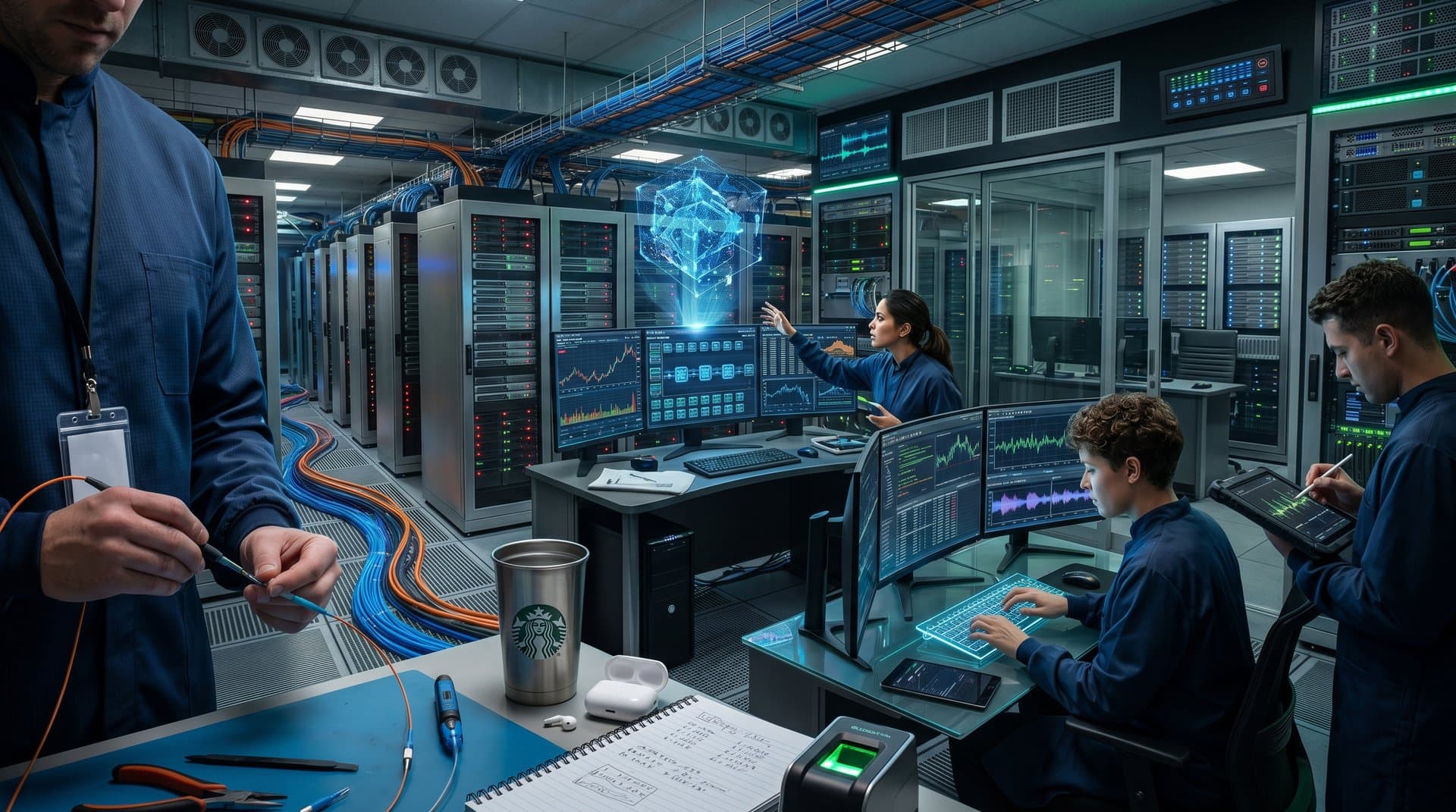 Glowing server racks and blockchain monitors in secure data center amid quantum threat visuals