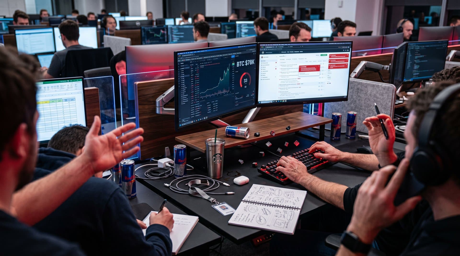 Frustrated developer hands at keyboard with GitHub popup-overrun screens, BTC $78K chart and Fear Index 33 gauge in red glow