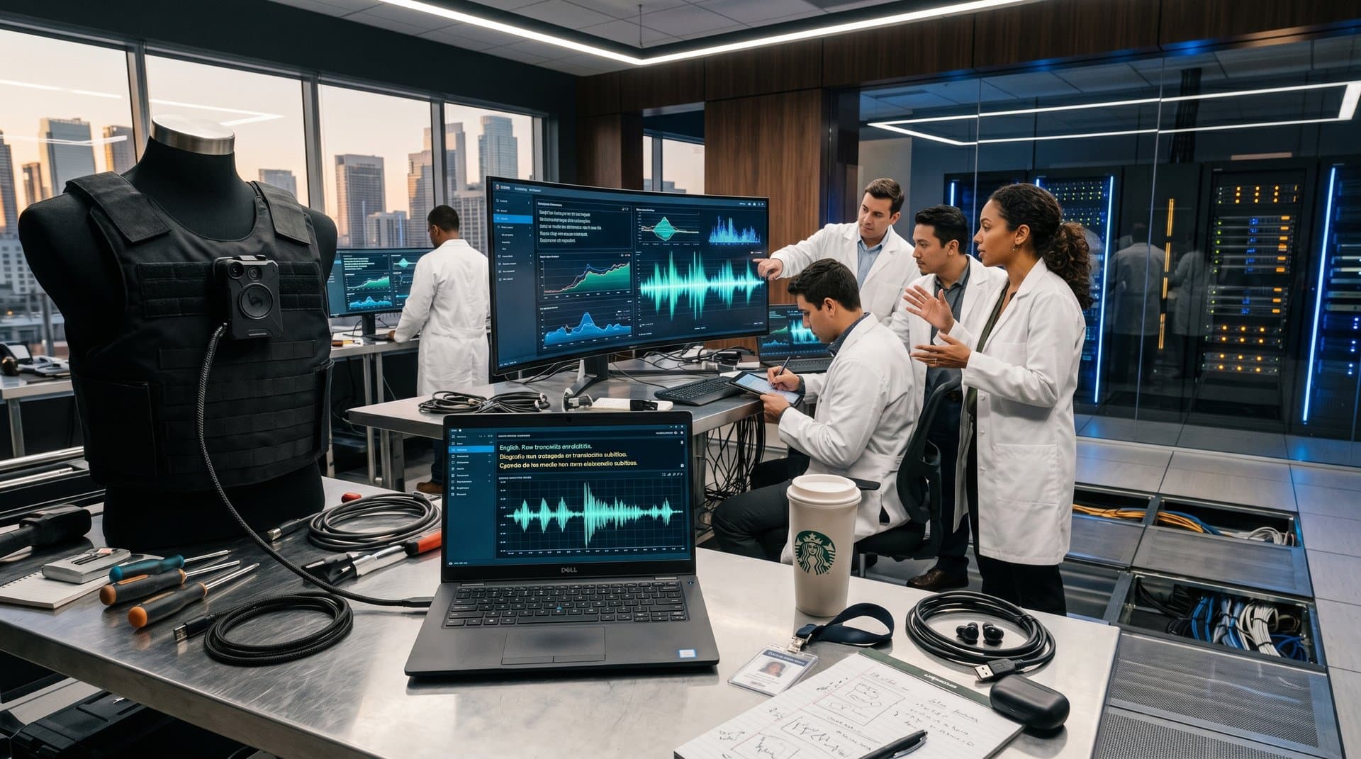 High-tech lab testing AI translation on police body cams with live subtitles and waveforms