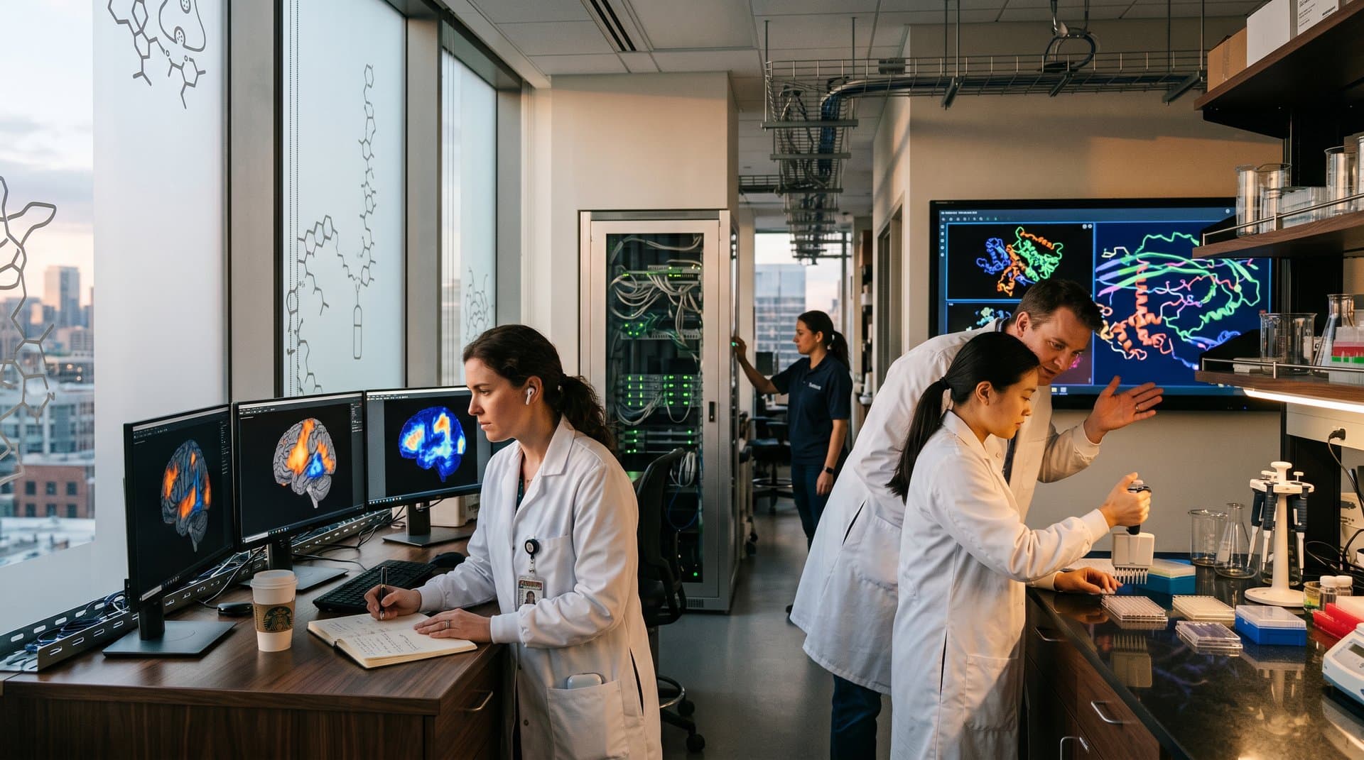 AI-driven biotech lab with brain scans and protein simulations on multi-monitors amid modern tech setup