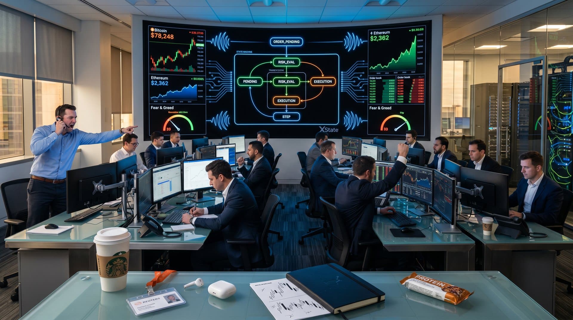 Hierarchical statechart diagram overlaying crypto trading dashboard with BTC at $78K charts in neon fintech style