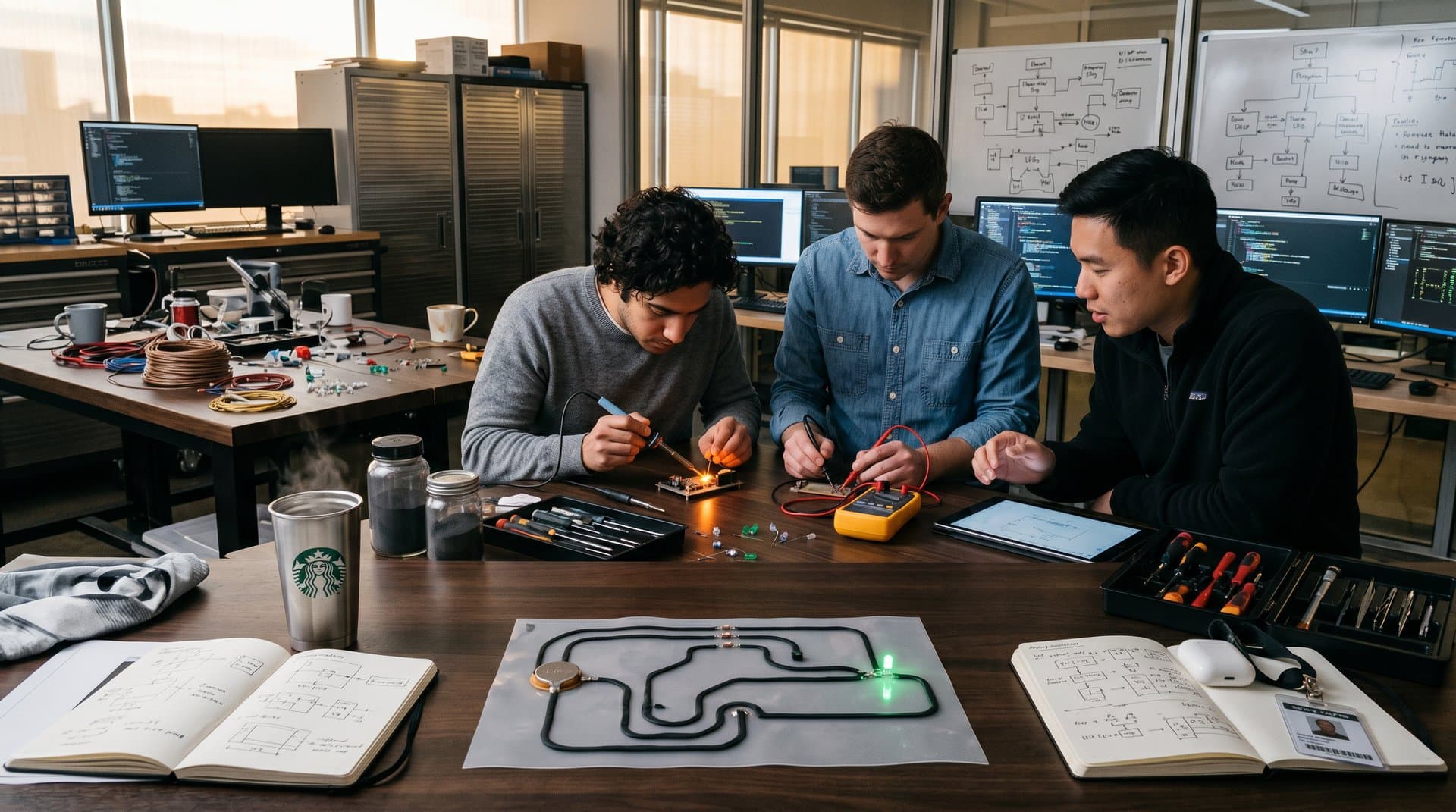 Tech workshop with conductive clay PCB prototype: clay traces, LEDs, tools on workbench amid circuit sketches and equipment
