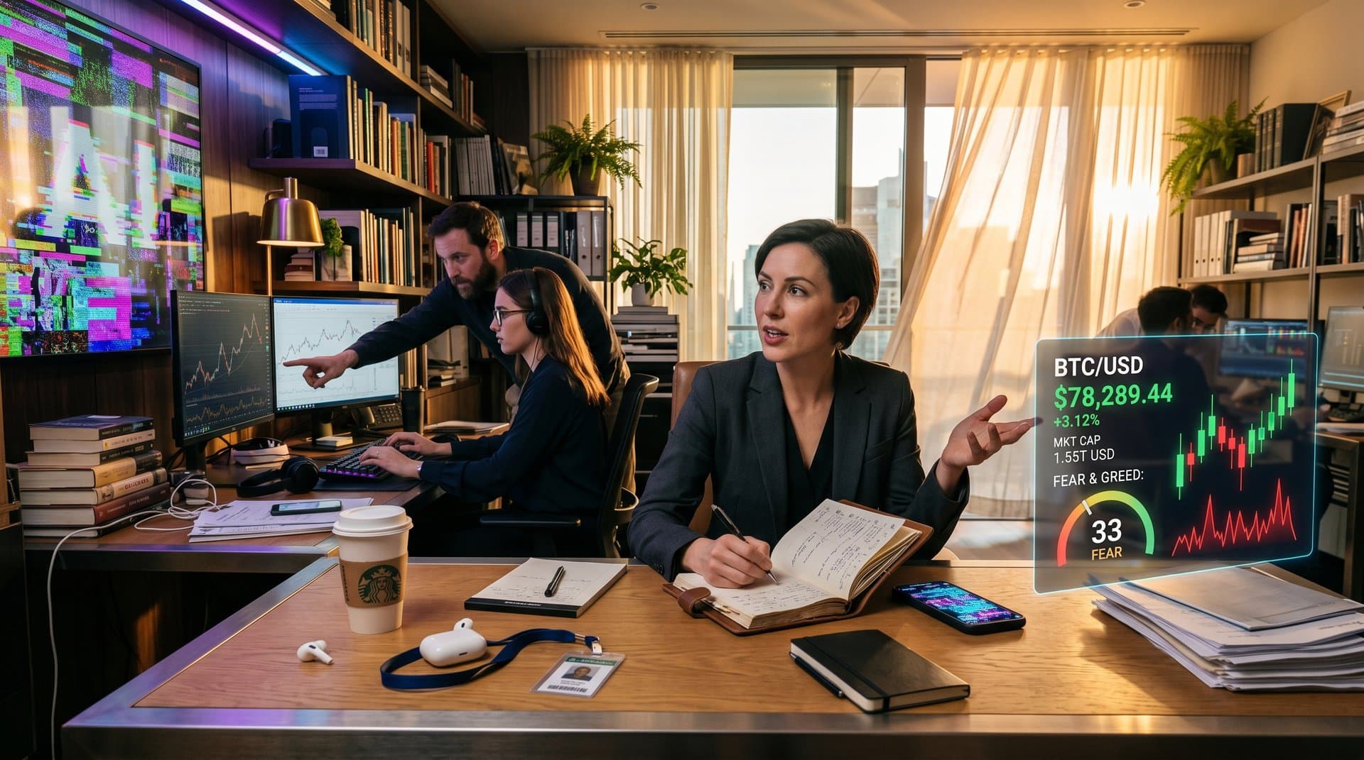 Open book on desk next to smartphone with AI social feeds and holographic Bitcoin chart at $78K, blending literature, tech overload, and crypto volatility