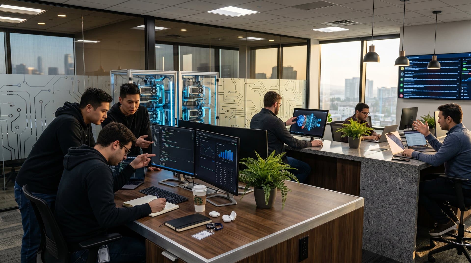Modern lab desks with monitors showing Solidity code, SWE-bench leaderboards, and Ethereum charts in high-tech environment
