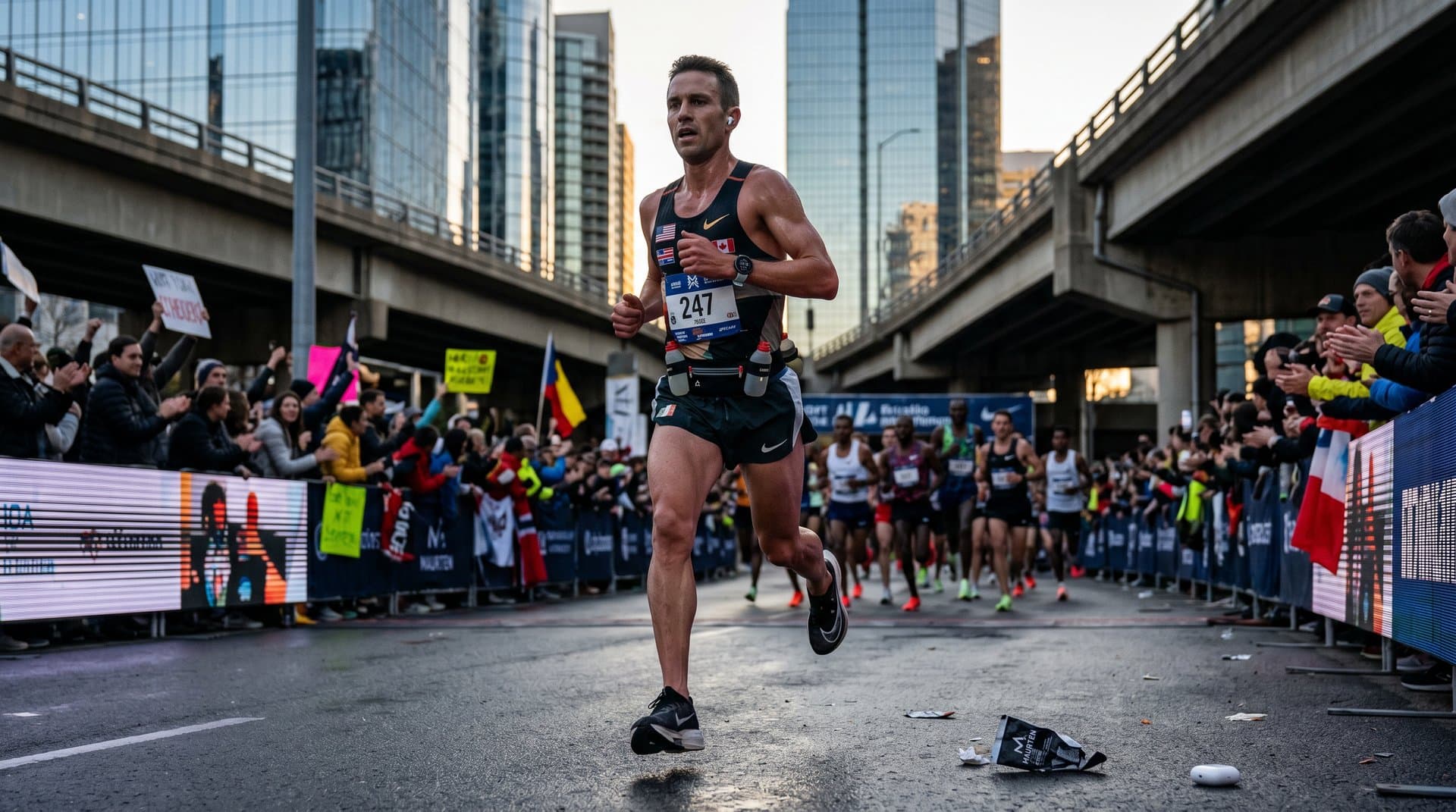 Elite runner surges in sub-two-hour marathon with cloud tech data overlays on urban course