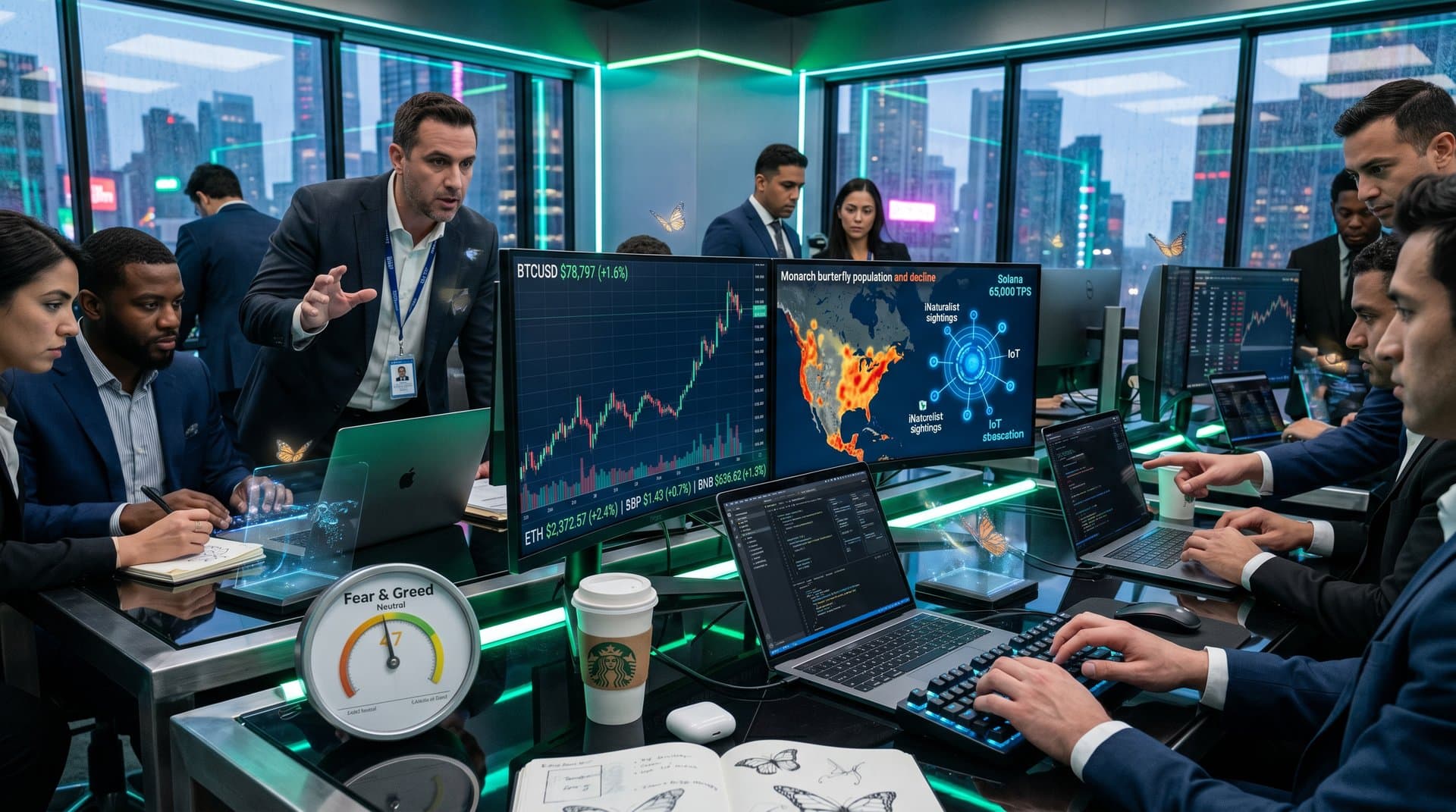 Trading screens show BTC at $78K, Western Monarch blockchain maps, and Fear & Greed at 47 in modern finance environment