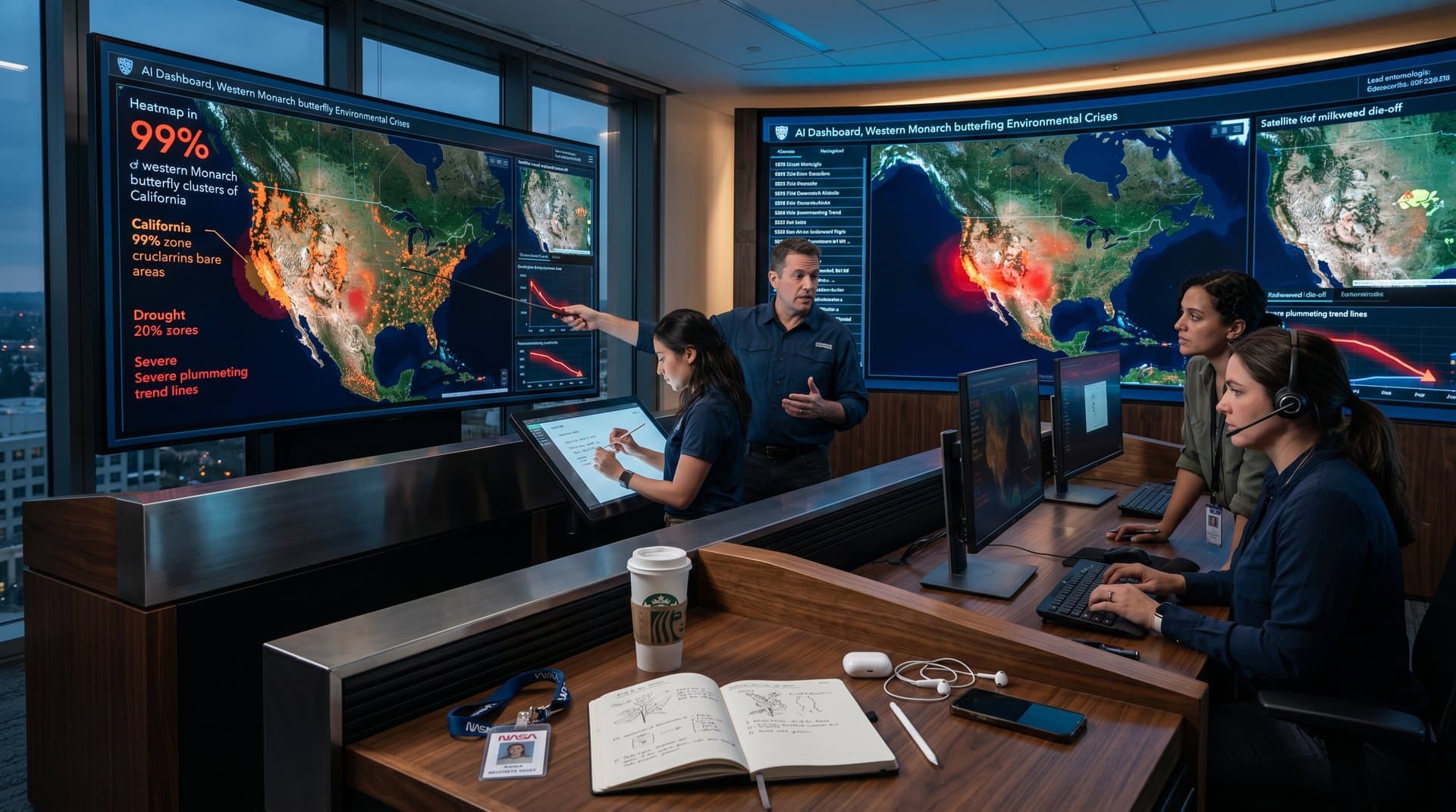 Interactive AI maps tracking Western Monarch decline heatmaps over North America with climate overlays