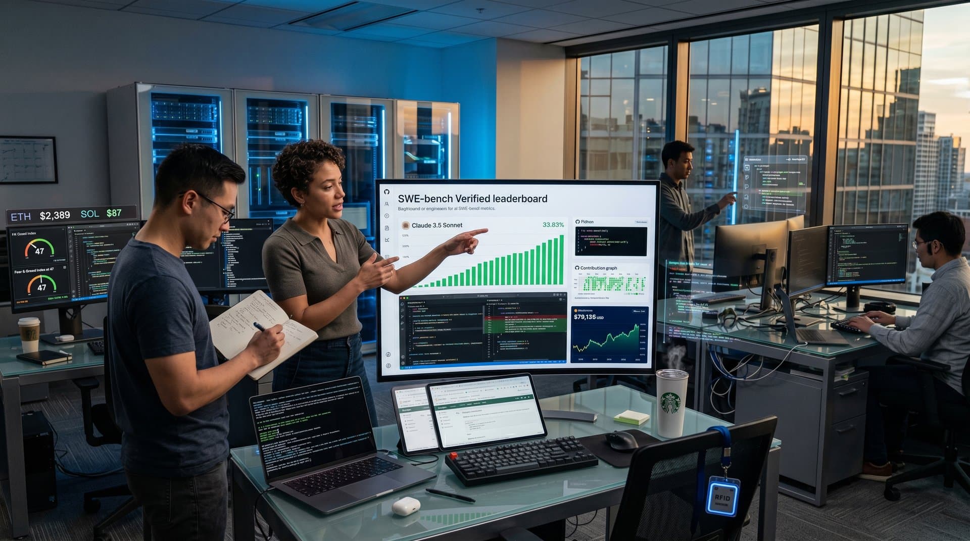 AI lab displays SWE-bench Verified leaderboard with Claude leading at 33.83%, code patches, and crypto price charts