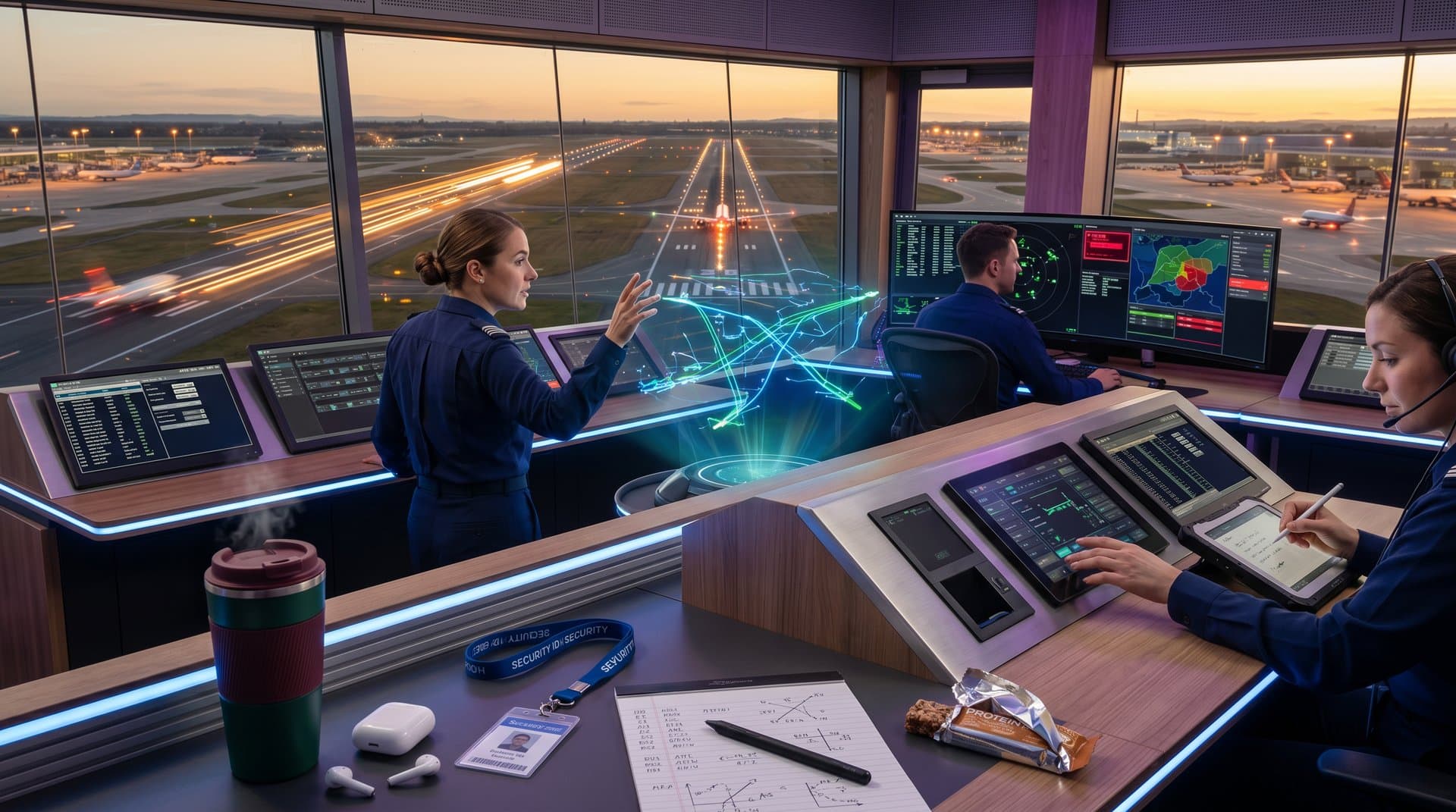 Futuristic air traffic control center with holographic AI flight paths and radar displays overlooking airport