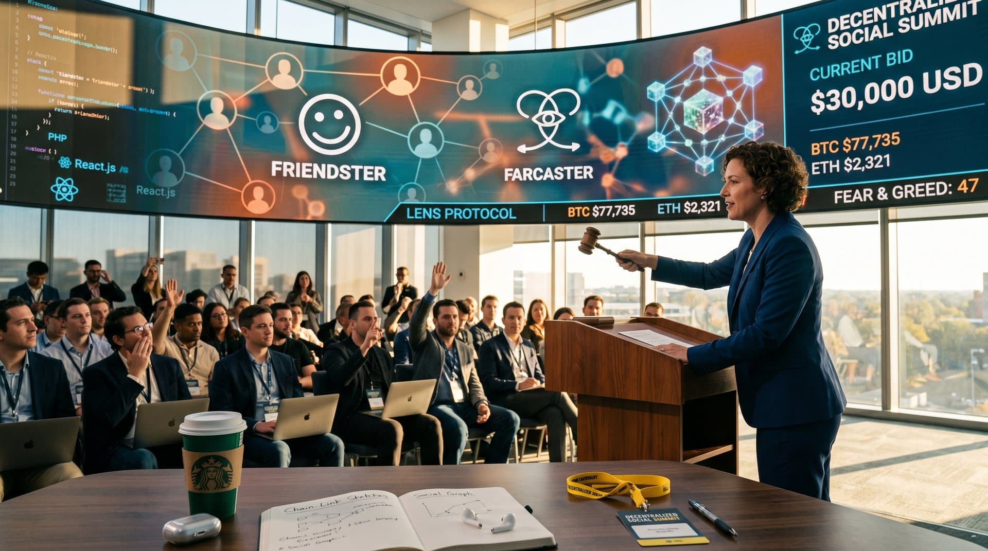 Vintage Friendster homepage with web3 overlays and $30K sale elements in pixel neon style