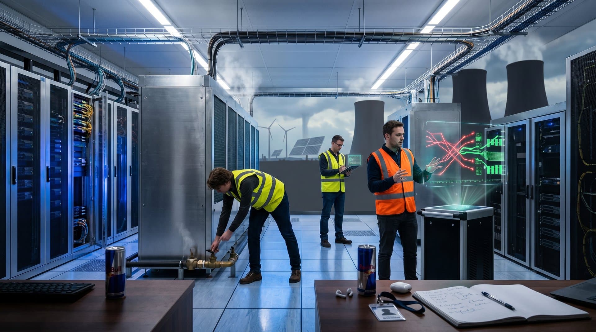 Glowing data center servers with power grid holograms and blockchain overlays illustrating AI energy strain