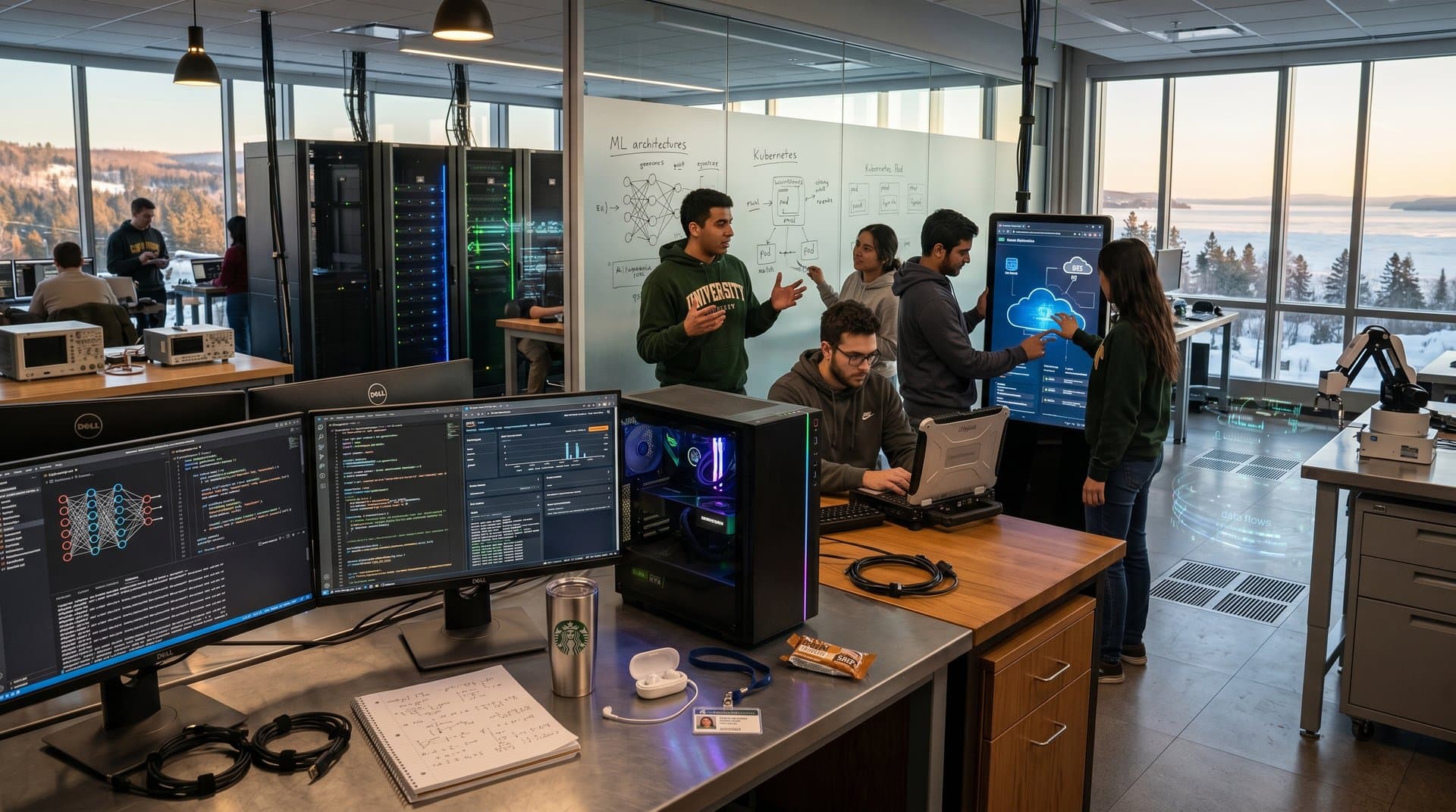 University lab with AI cloud dashboards, neural networks, and server racks overlooking Midwest landscape
