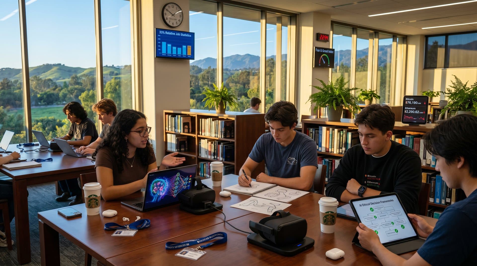 Pomona College sunlit library with AI networks, crypto Fear & Greed at 33 charts, ethical flowcharts, and gadgets amid tech-finance bookshelves