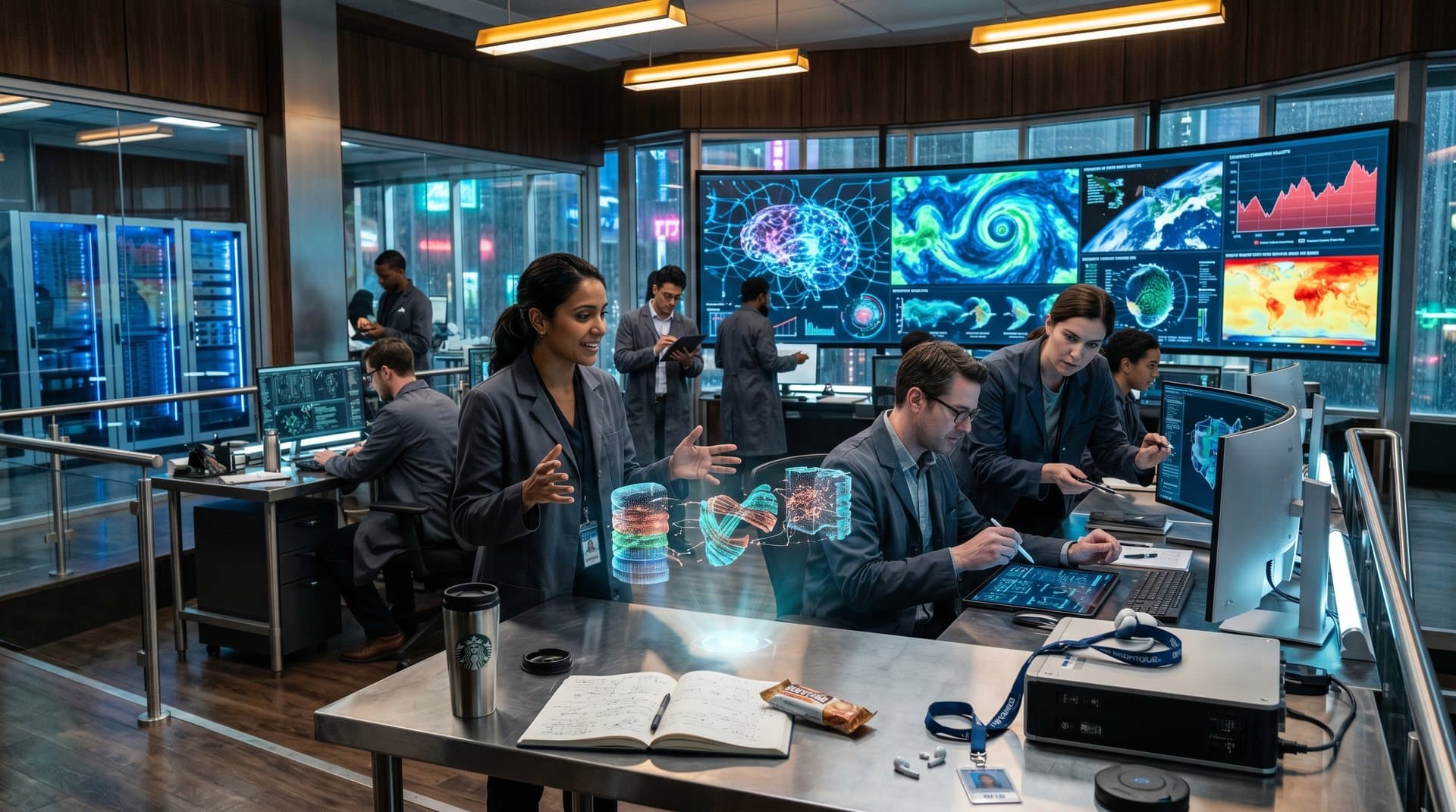 High-tech lab with neural networks fusing climate data visualizations on video walls and monitors