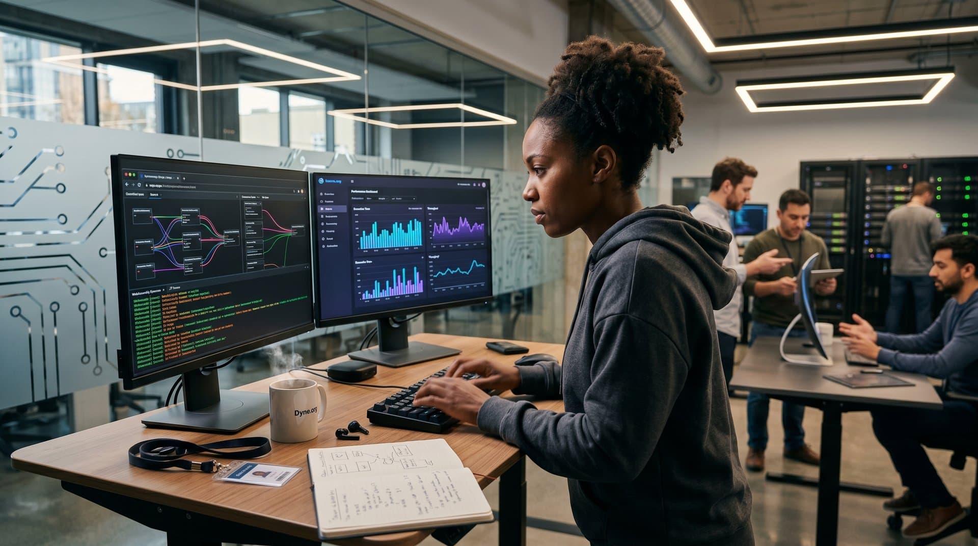 Developer workstation with CJIT JIT graphs, WebAssembly code, performance metrics, keyboard, and server racks in high-tech lab