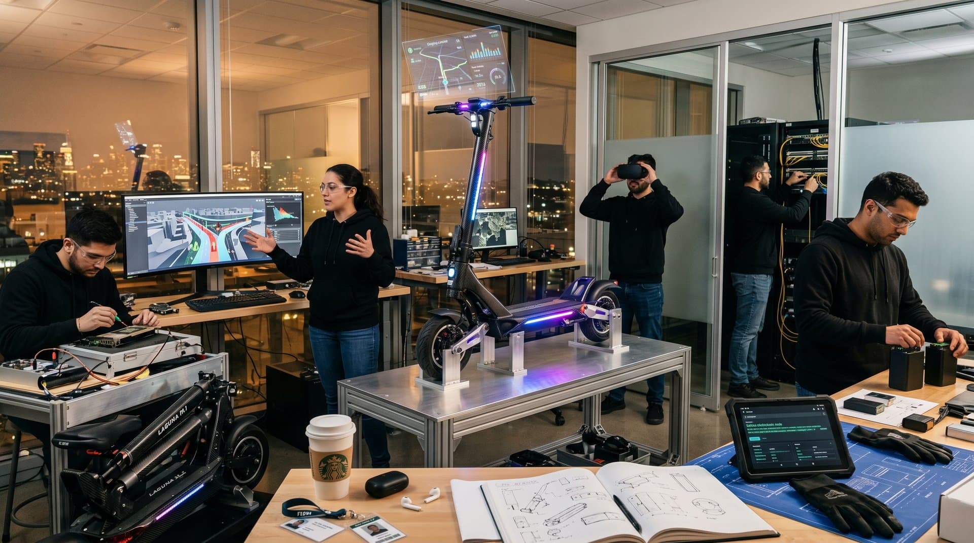 AI-enhanced Laguna XS.2 e-scooter tested in high-tech lab with sensors, monitors, and GPU racks