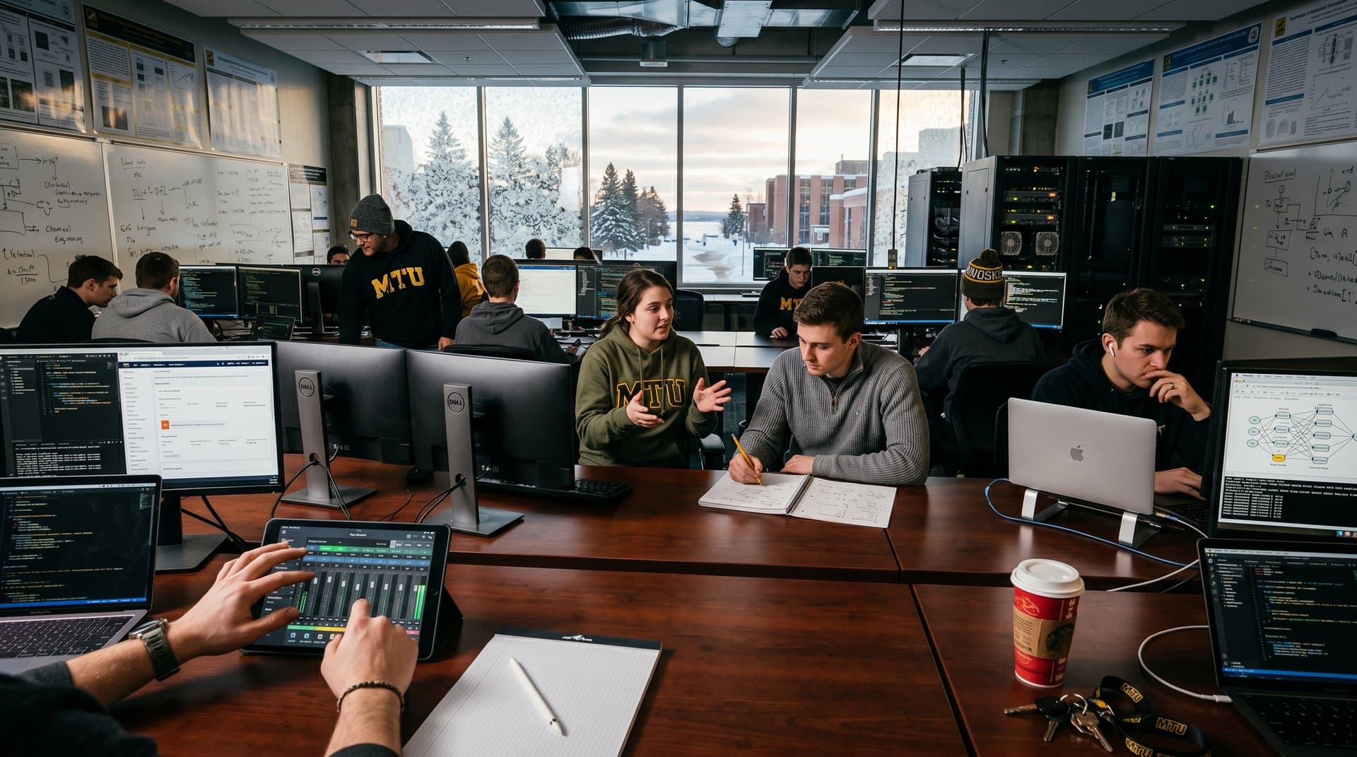 Students collaborate in Michigan Tech AI lab with monitors showing neural networks, cloud dashboards, and winter campus view outside.