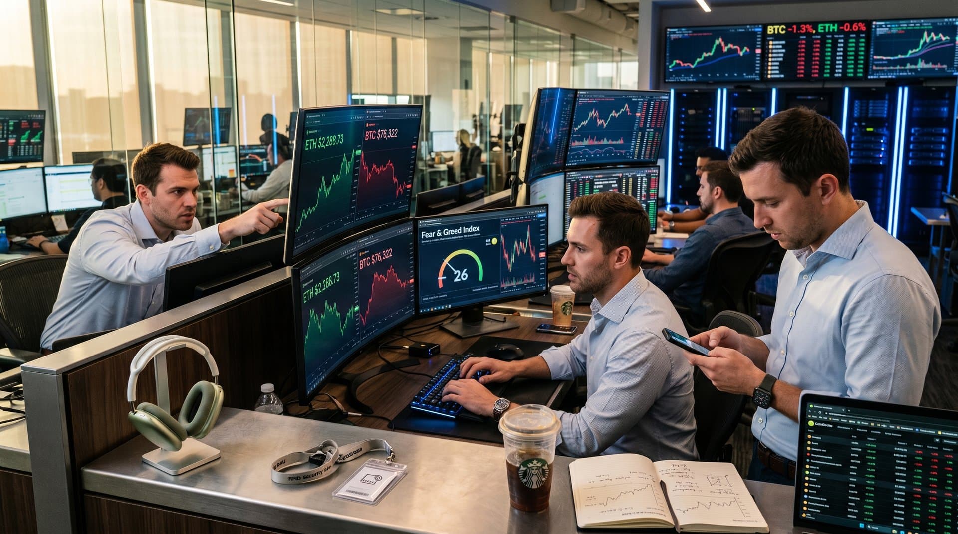 Trading screens showing Ethereum price $2,288.73, Fear & Greed Index 26, BTC $76,322 charts with gadgets like Ledger wallet and keyboards