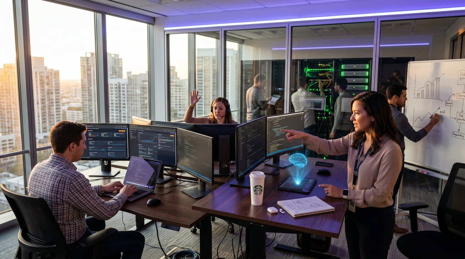 Professionals collaborating on cloud AI dashboards in modern tech office with job growth charts