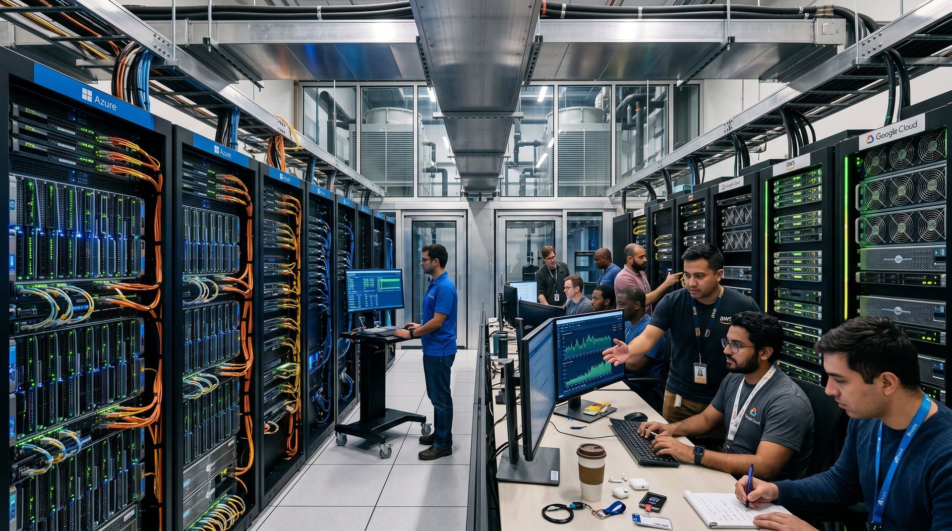 Multi-cloud AI infrastructure hub with Azure, AWS, and Google Cloud servers interconnected for OpenAI ChatGPT workloads.