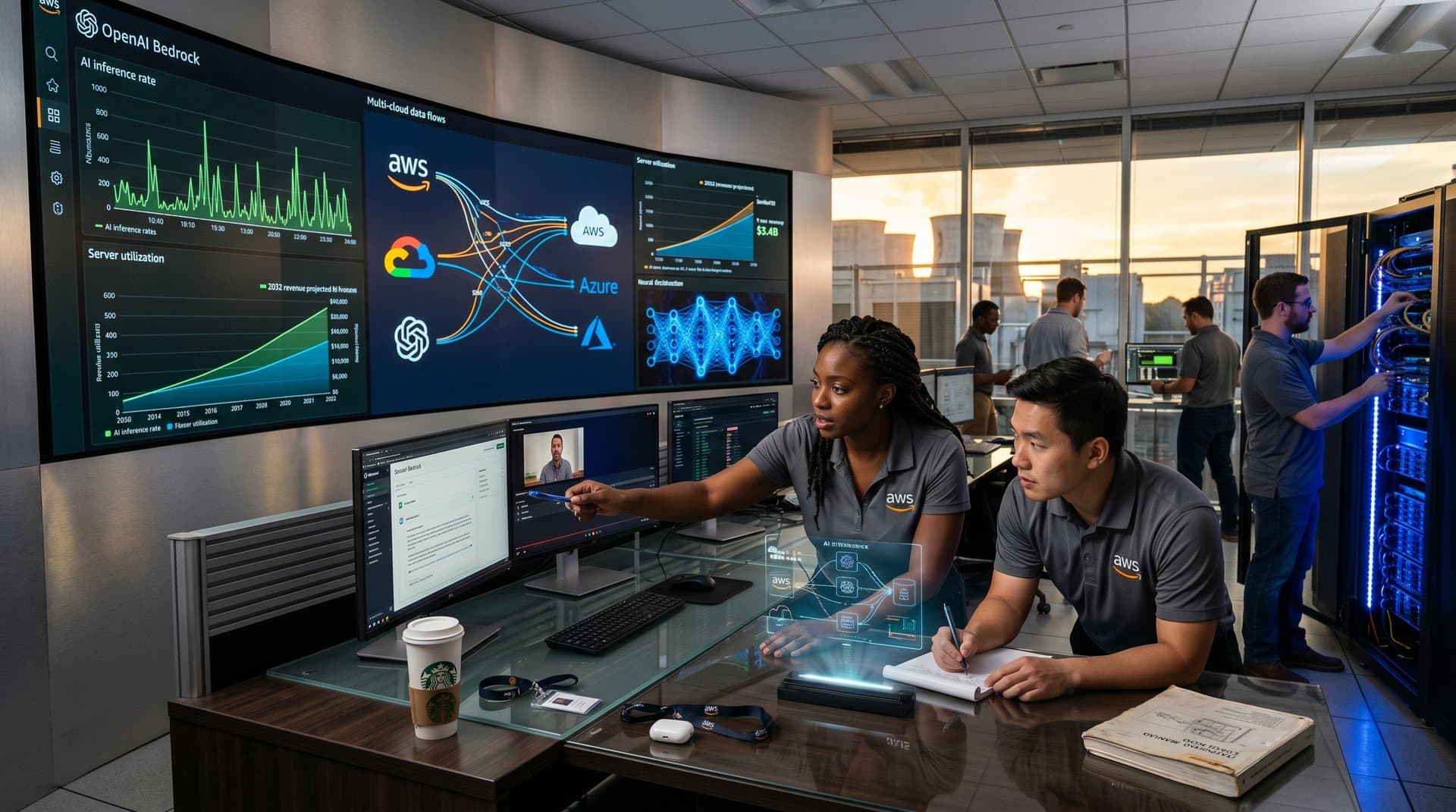 Engineers monitor OpenAI Bedrock workloads on screens in AWS data center control room