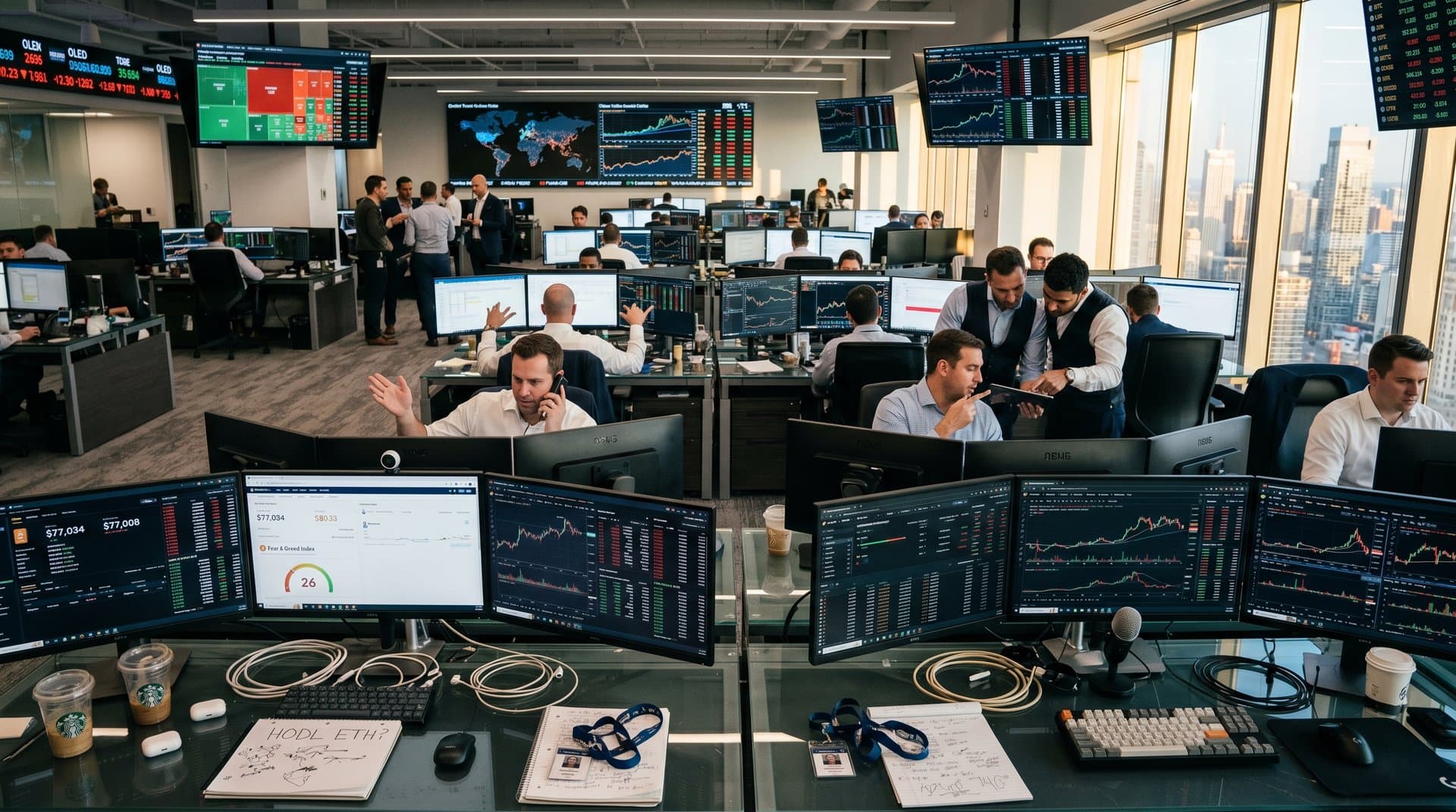Institutional traders monitor Bitcoin price at $77,034, Fear & Greed at 26, and altcoin charts on advanced terminals