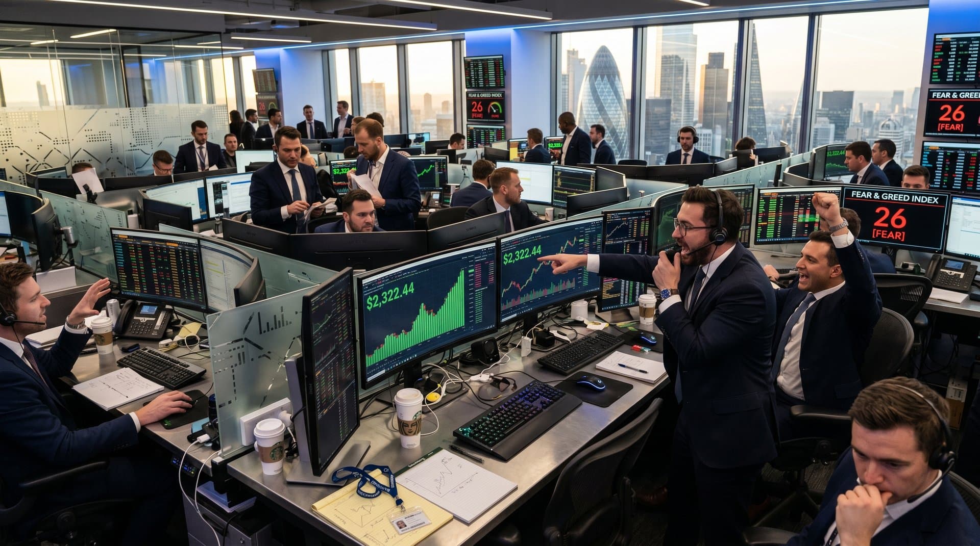 Modern trading floor monitors show Ethereum price at $2,322.44, Fear & Greed Index, candlestick charts in professional market environment