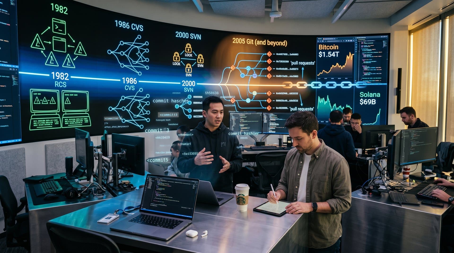 Timeline of version control evolution from RCS to Git with blockchain and finance chart overlays